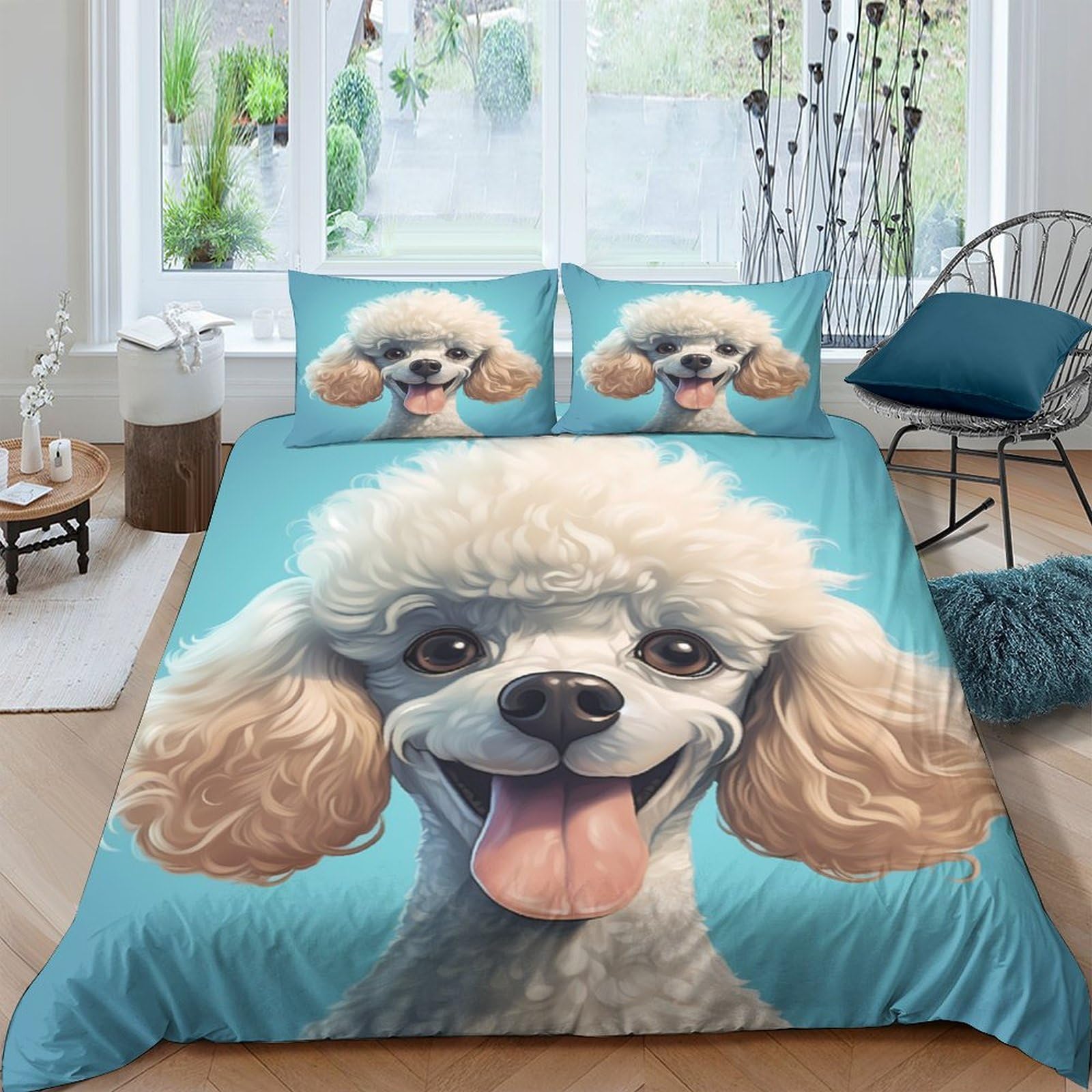 Ctjqhvkz Style-1 3D Printed Smiling Poodle Fitted Sheet Microfiber Blue Cartoon Dog Bed Sheet Anti-Slip Machine Washable For Bedroom Guest Room Decor Single（135X200cm）