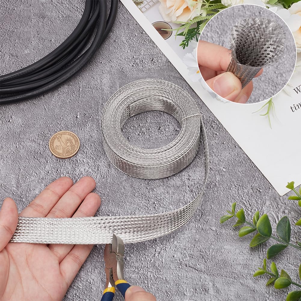 UNICRAFTALE 0.78" Wide Stainless Steel Braided Sleeving Braid 13.12 Feet Cable Wire Shielding Sleeve Ground Straps Protection Flat Metal Mesh Flexible Expandable Scalable Ribbon Flat Wire for Protect - Image 4