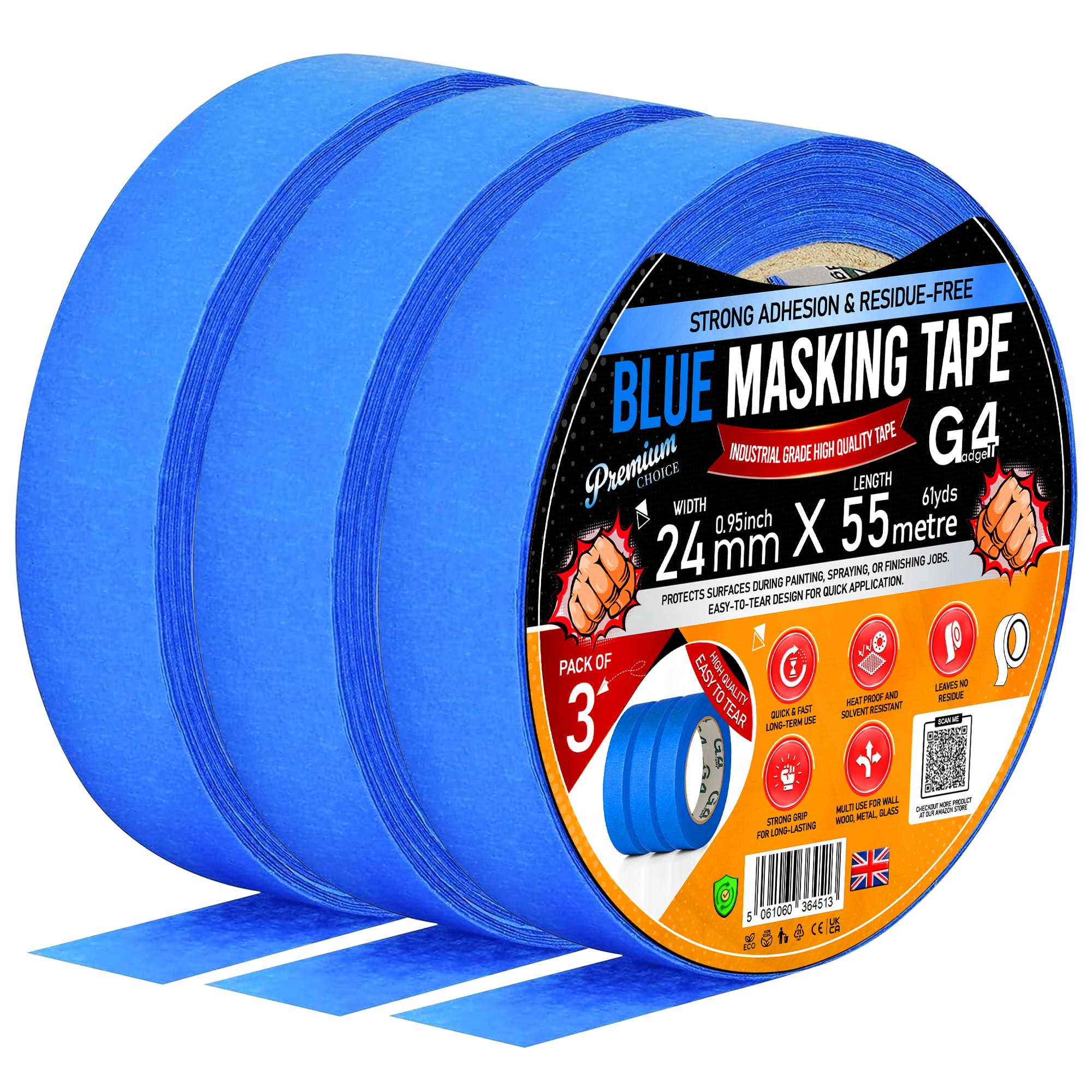 G4GADGET Blue Masking Tape for Painting (3 Pack) – 24mm x 55m Painters & Decorators Tape, Low Tack Crepe Paper, Clean Removal, Residue-Free for Walls, Trim & DIY Projects