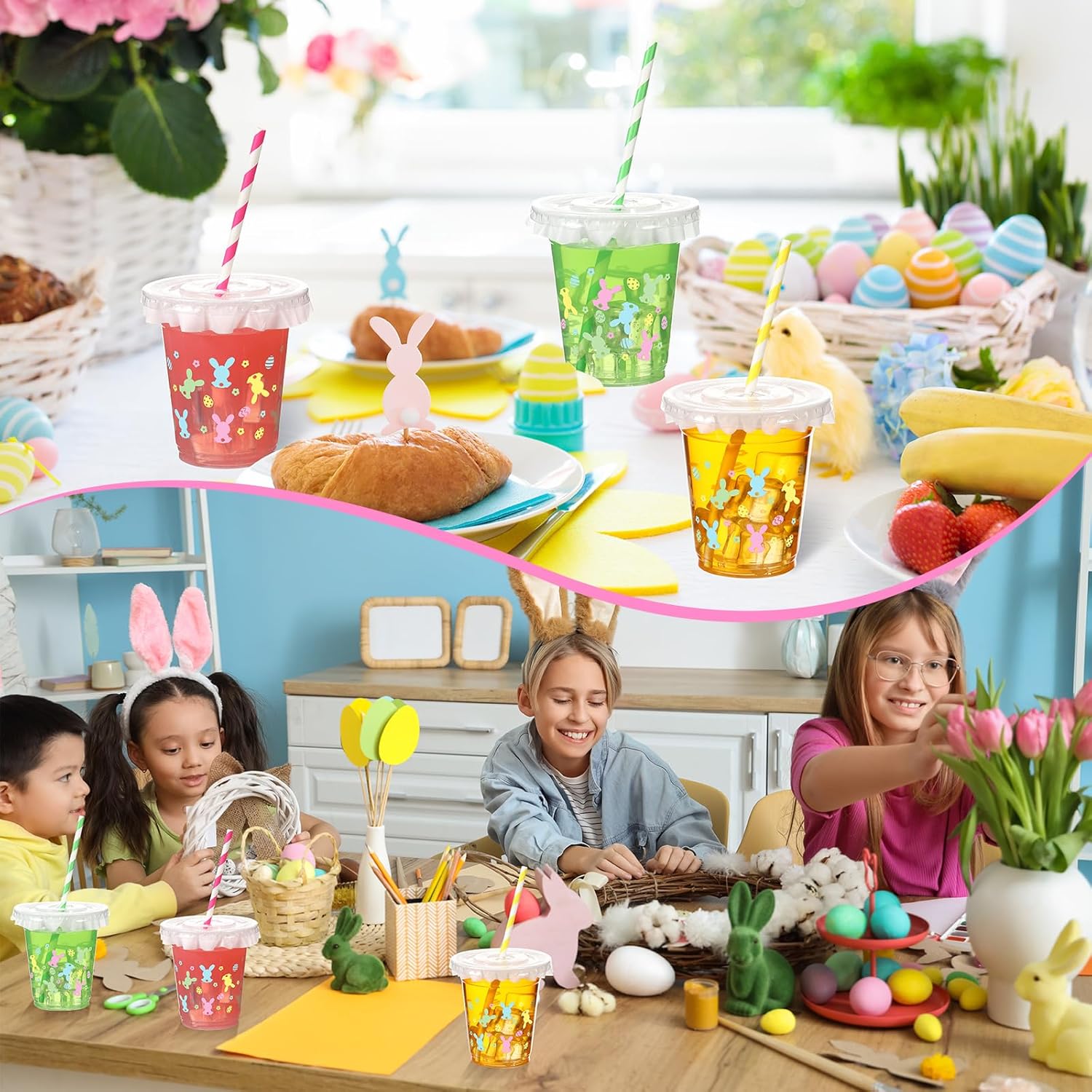 Qinyoung 60 Pack 14 oz Easter Cups with Lids Straws and Liners Bunny Plastic Disposable Rabbit Eggs Cups Bulk Easter Eggs Party Cups for Spring Easter Party Supplies Beverage Cold Drinking - Image 5