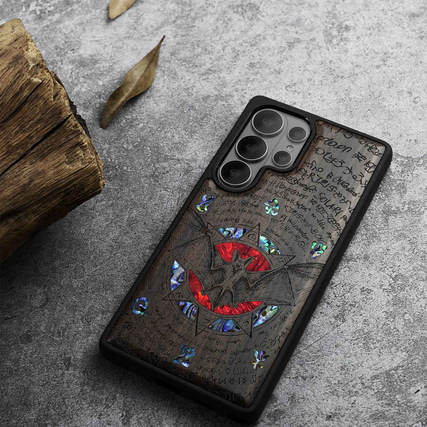 Carveit Magnetic Wooden Case for Samsung Galaxy S26 Ultra Case, Wood Artisan Engraved & Handmade Shell Inlaid, Compatible with MagSafe Wireless Chargers (Bat Within The Octagonal Star) Blackwood