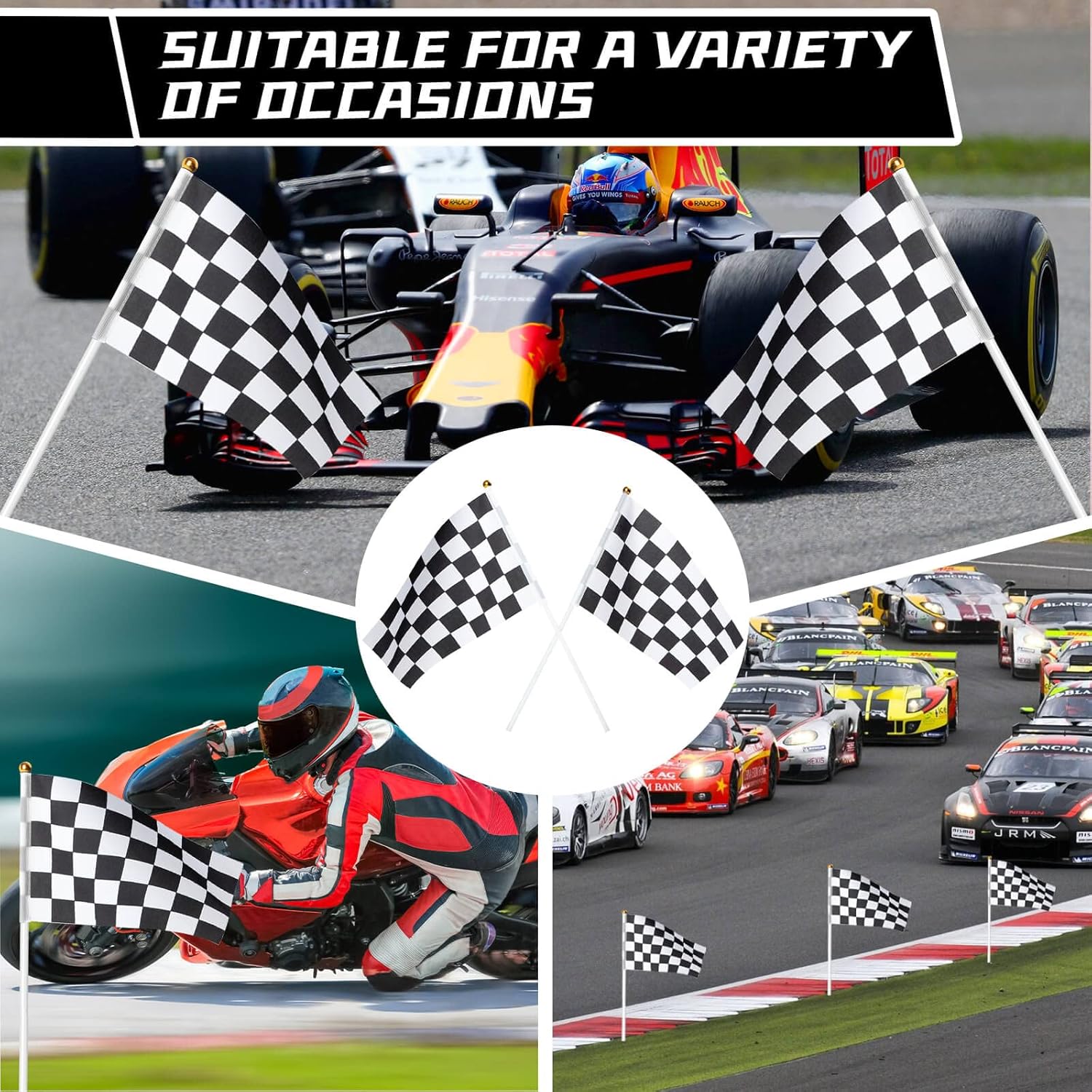 100PCS Checkered Flag, Black and White Premium Polyester Flags with Plastic Sticks, Hand Held Stick Flags for Raceing, Race Car Party, Sport Events