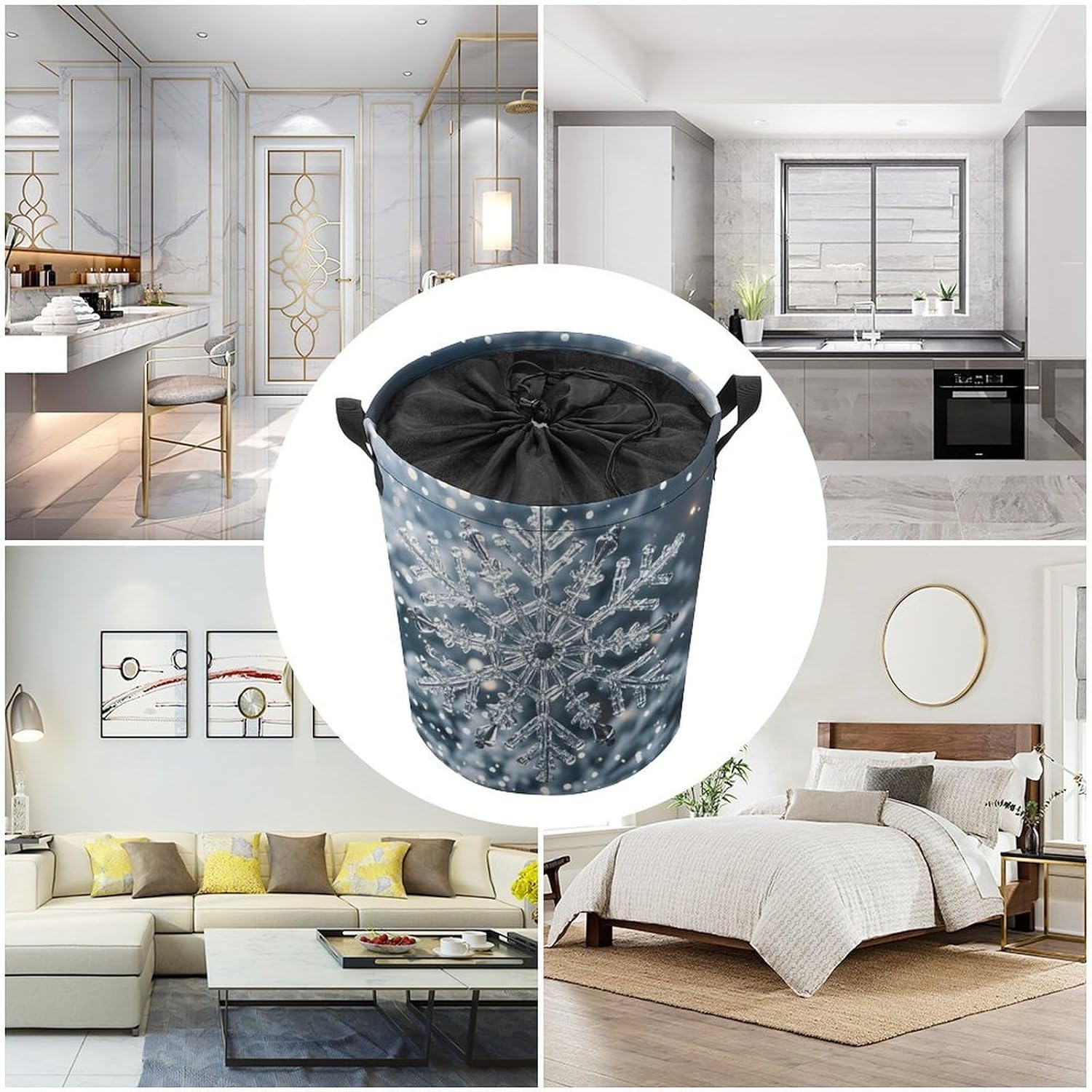 Transparent Snowflake Laundry Bag Large Collapsible Laundry Baskets Freestanding Waterproof Clothes Hamper with Handles & Drawstring for Laundry Room Bedroom Bathroom