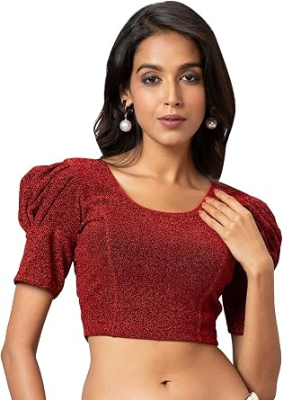 Jaanvi fashion Womens Readymade Shining Lycra Stretchable Round Neck Half Sleeve Blouse shining-red-xxl