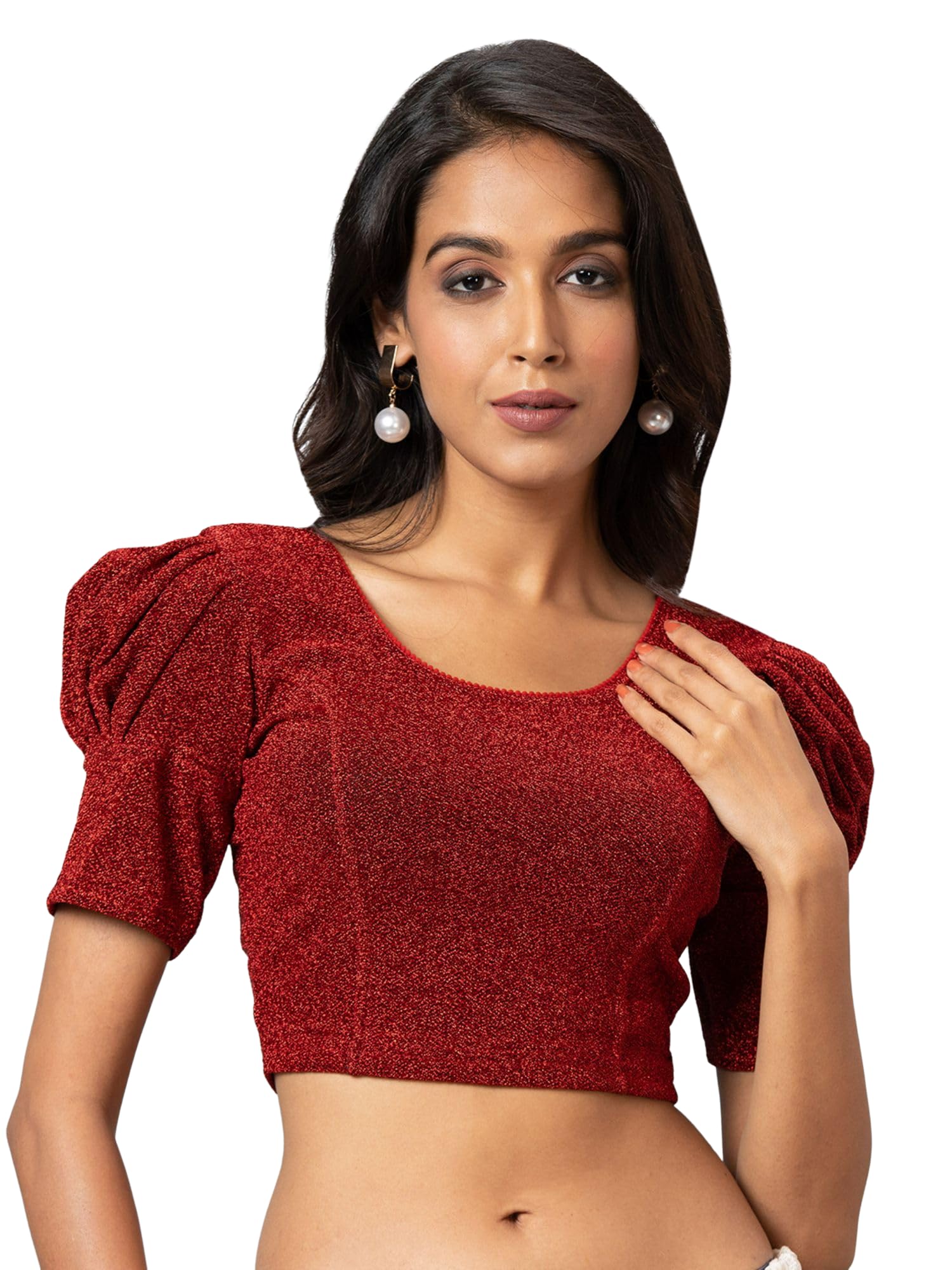 amazon brand - anarva Women's Readymade Shining Lycra Stretchable Round Neck Half Sleeve Blouses-picture-31