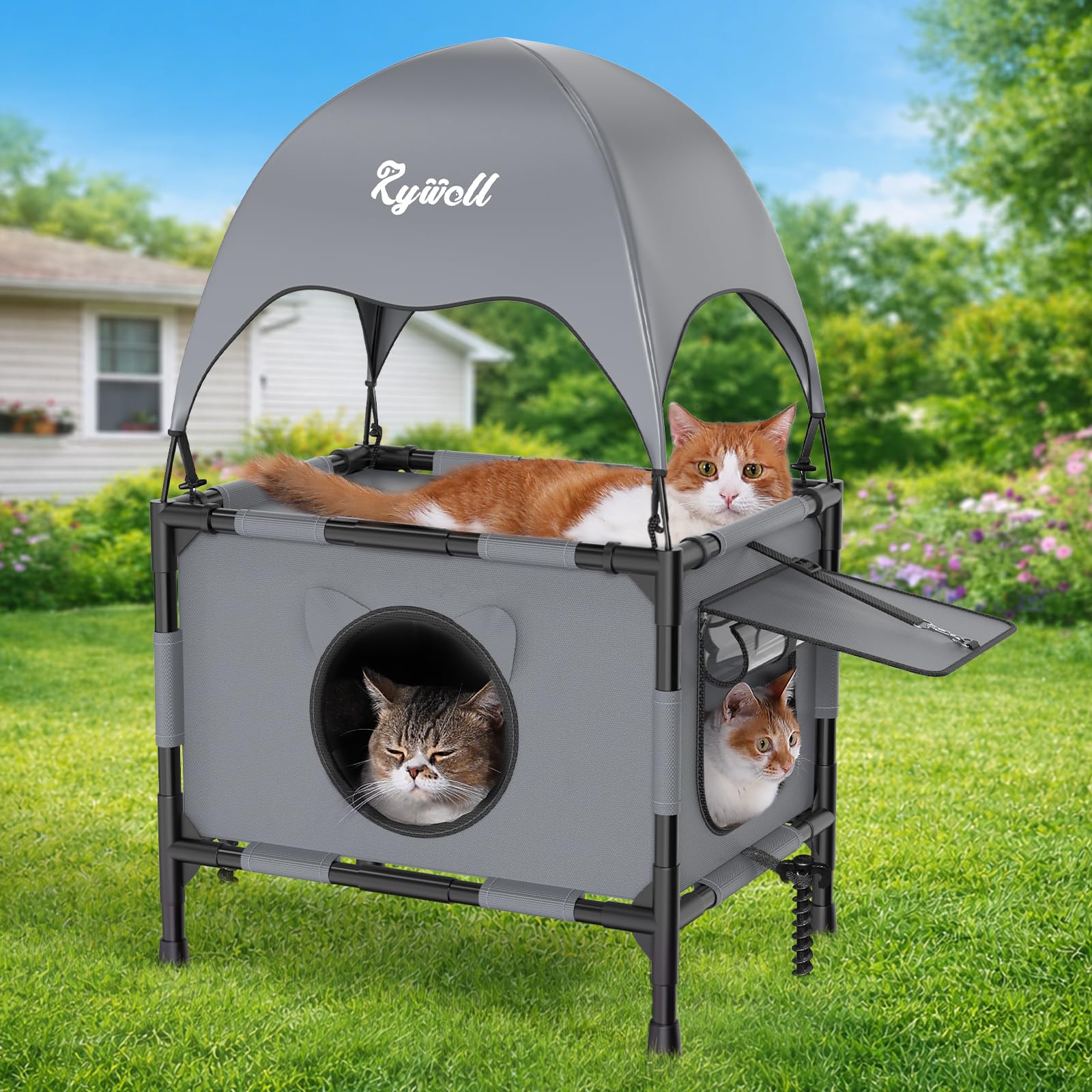 Rywell Casa para Gato de Exterior Elevada con Terraza,61x46x96cm Casa para Gato de Dos Niveles con Dosel, Dos Puertas y Una Alfombra, Adecuada para Hogares con Varios Gatos (Gris)