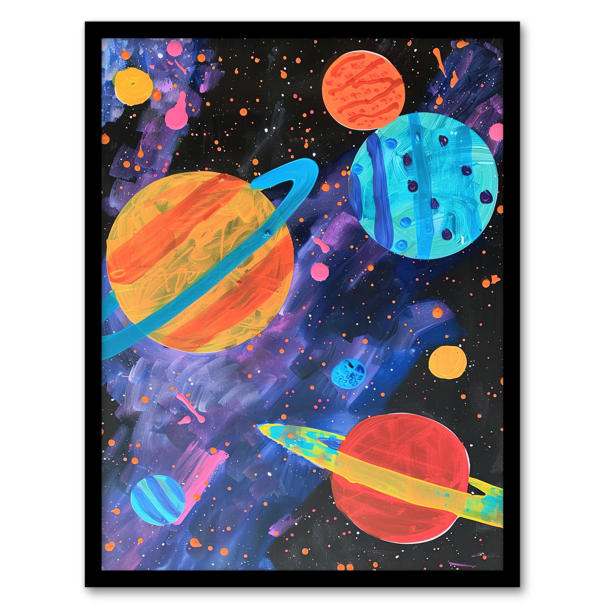 Space Planets and Stars Colourful Child Painting Wall Art Poster Print