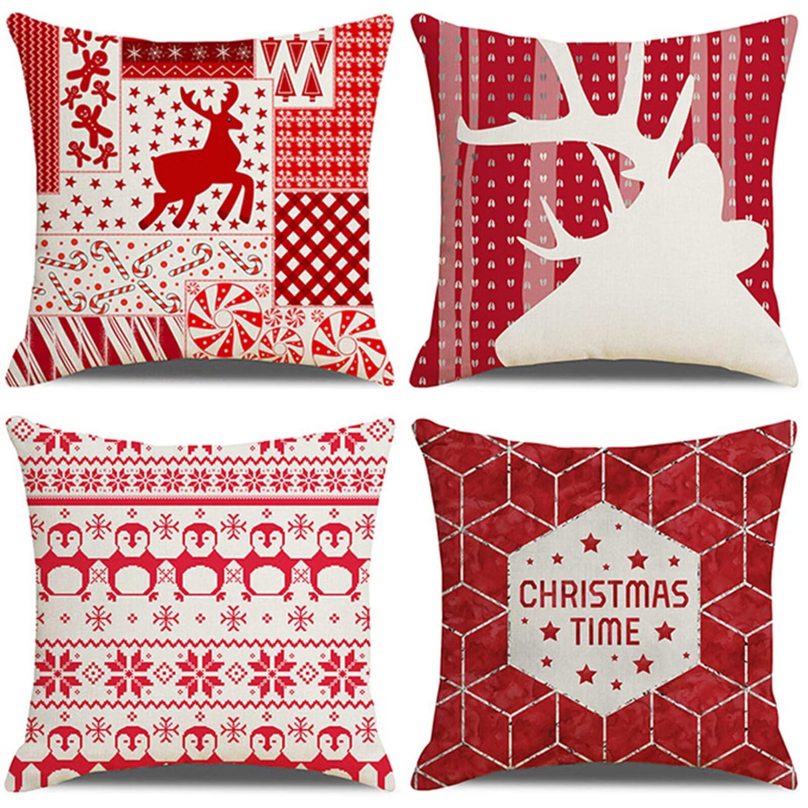 Juego de 4 Impermeable Funda de Cojín Ciervo Rojo,55x55cm Moderno Suave Transpirables Lino Fundas de Almohada Cojines Decorativos con Cremallera Oculta para Exterior Sofá Cama Coche Hogar
