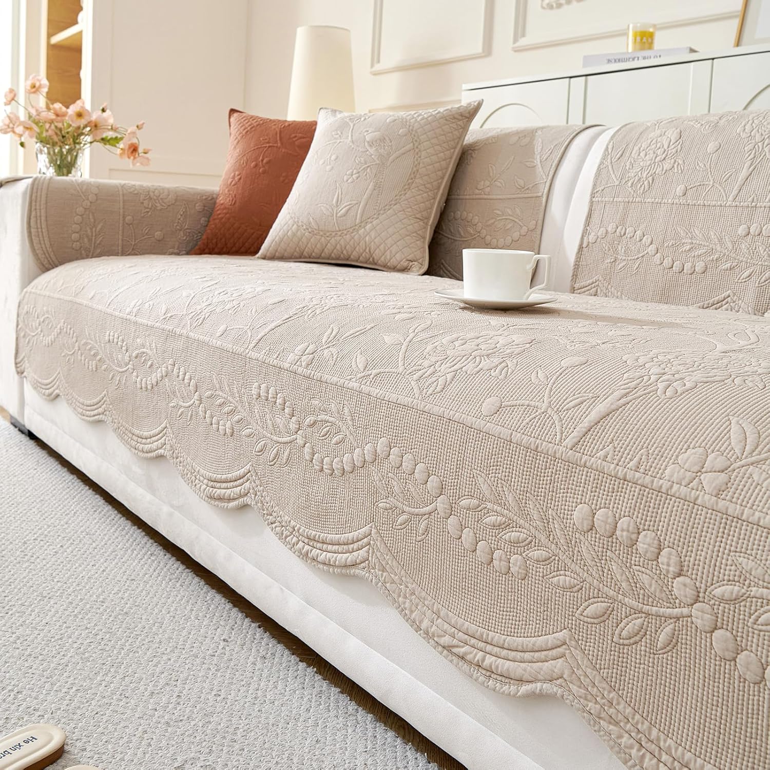 vctops Boho Cotton Quilted Couch Covers for Dogs, Floral Embroidery Scalloped Sofa Covers for Pet Washable, Modern Farmhouse Anti-Slip Couch Covers for Sectional Sofa (Grey,36"x82")
