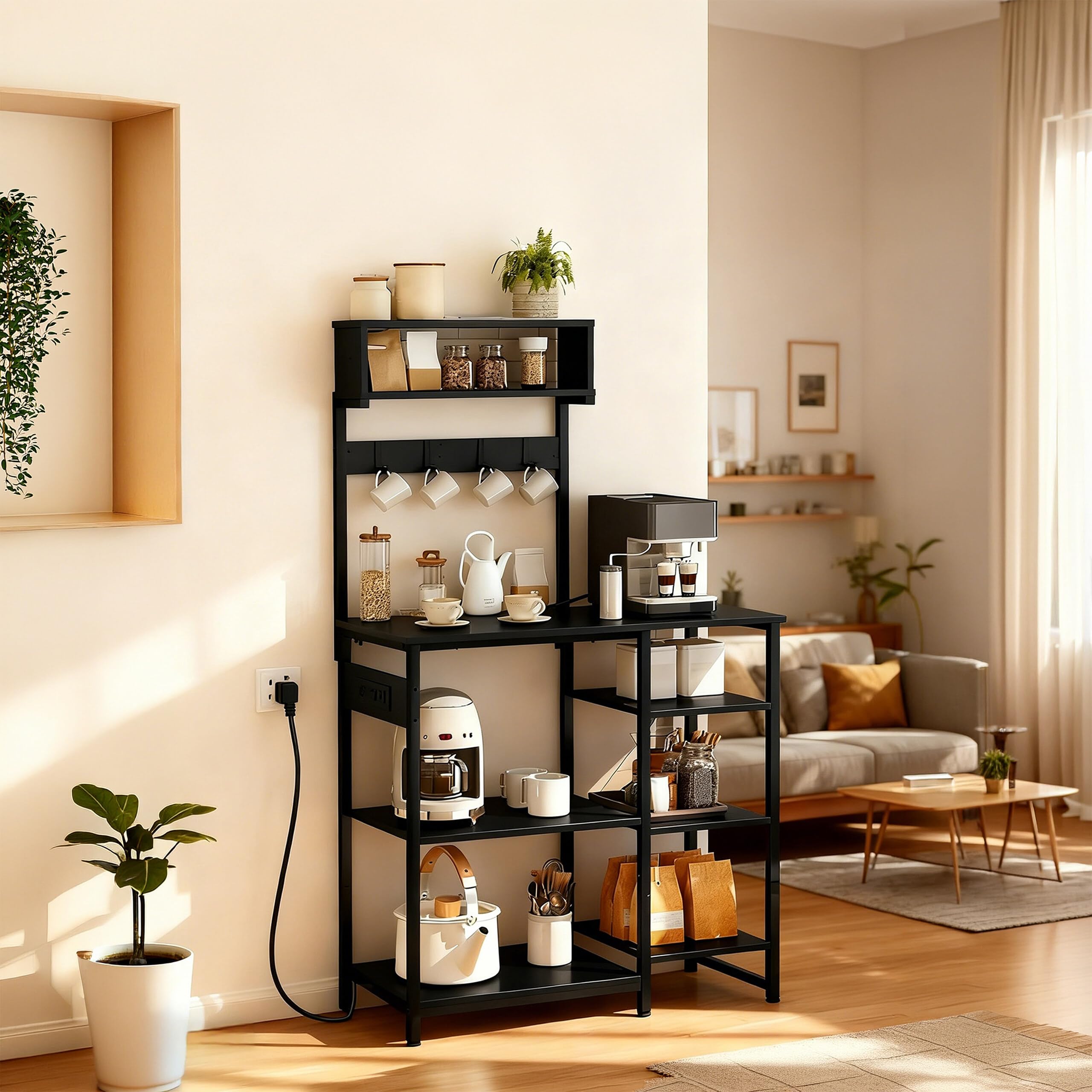 Relaxdays Mobile Cucina Effetto Legno con Presa USB, 151x82x40 cm, per microonde, Nero