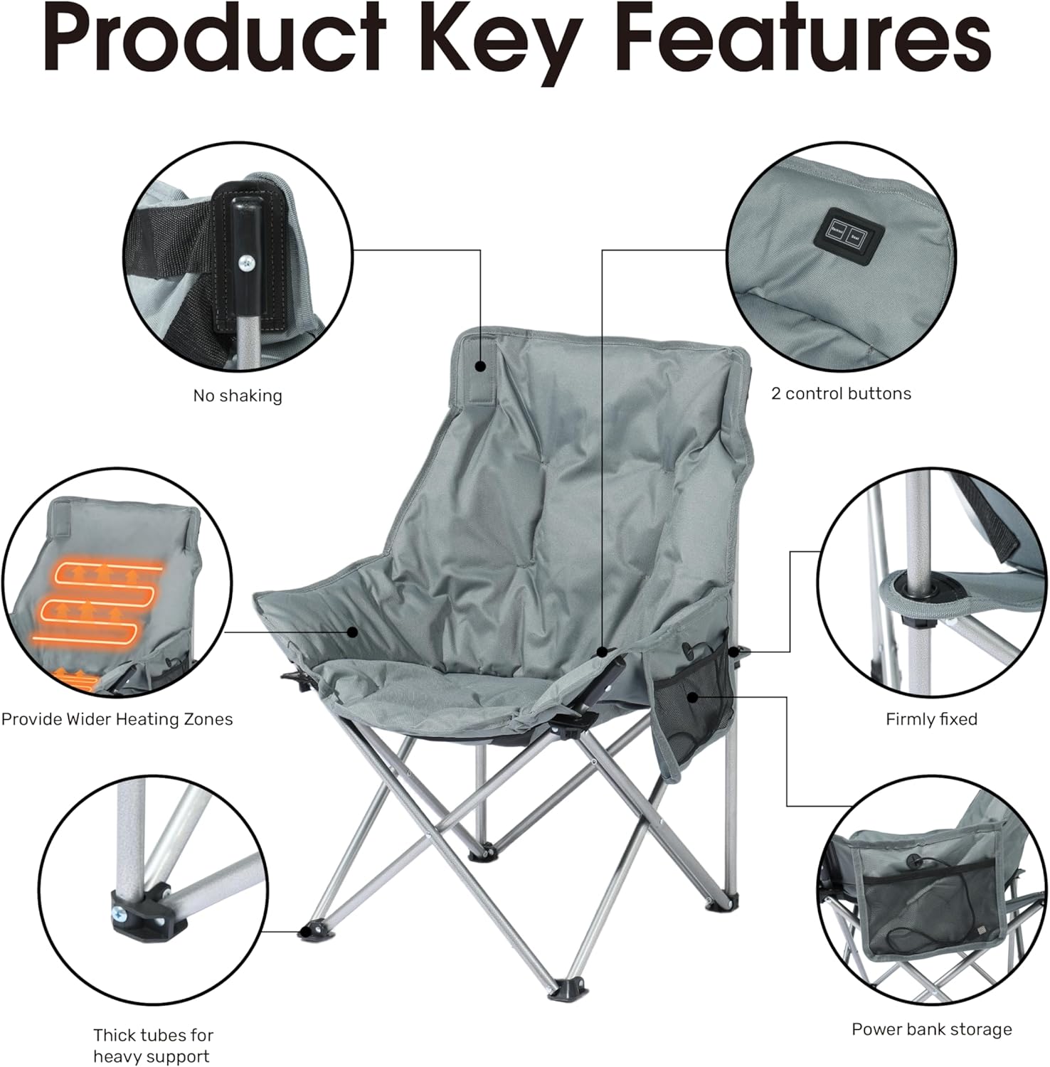 SunSettler Heated Camping Chair, Oversized Heated Outdoor Chairs for Adults with 3 Heat Levels, Portable Folding Padded Chair for Camp, Lawn, Sports (Battery NOT Included) (Grey, Small) - Image 5