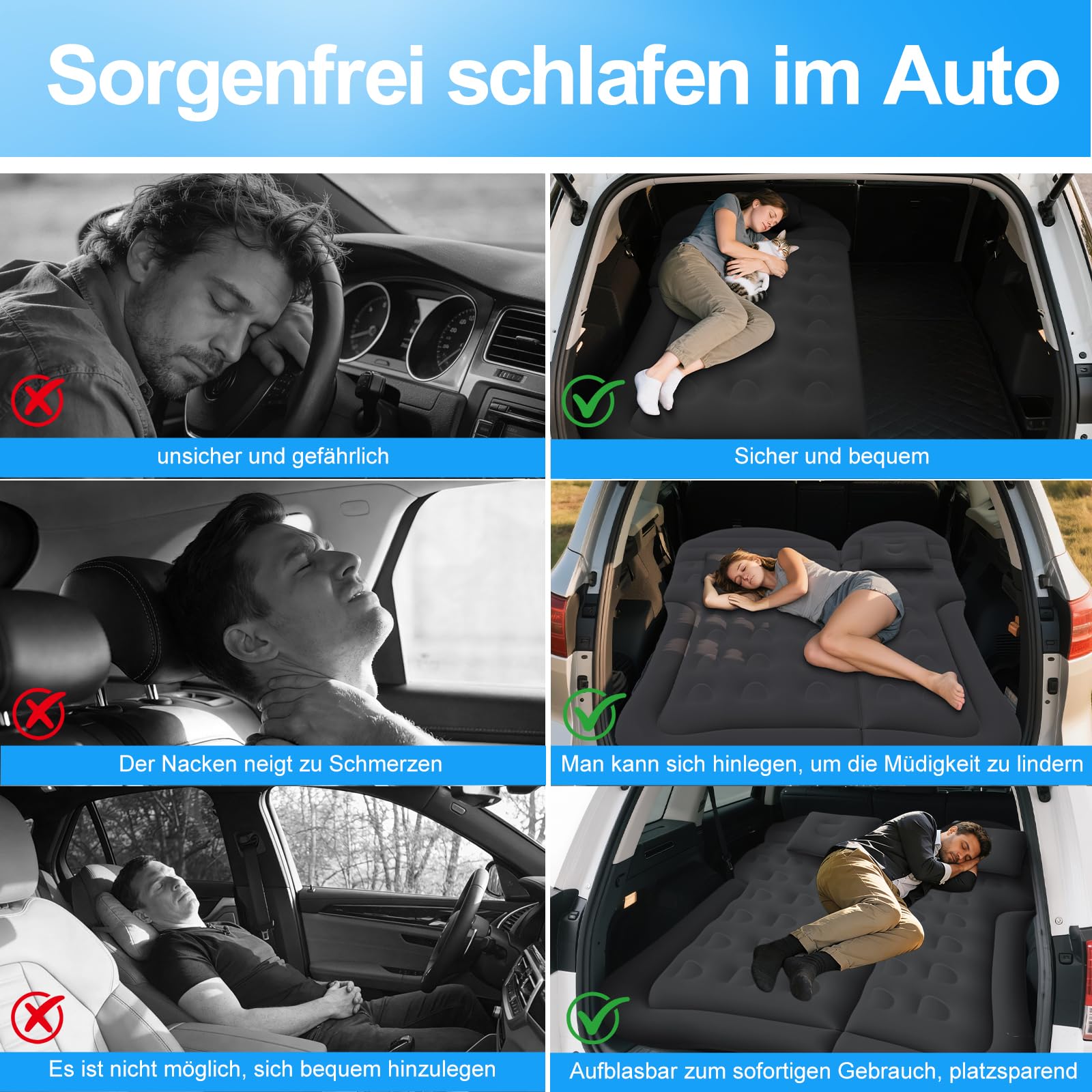 SUV Auto Matratze Luftmatratze, Aufblasbare Auto Luftmatratze für Kofferraum & Rückbank, Luftbett Auto Matratze mit Pumpe & 2 Kissen, Automatratze für Camping Reise Outdoor Komfort (Schwarz)
