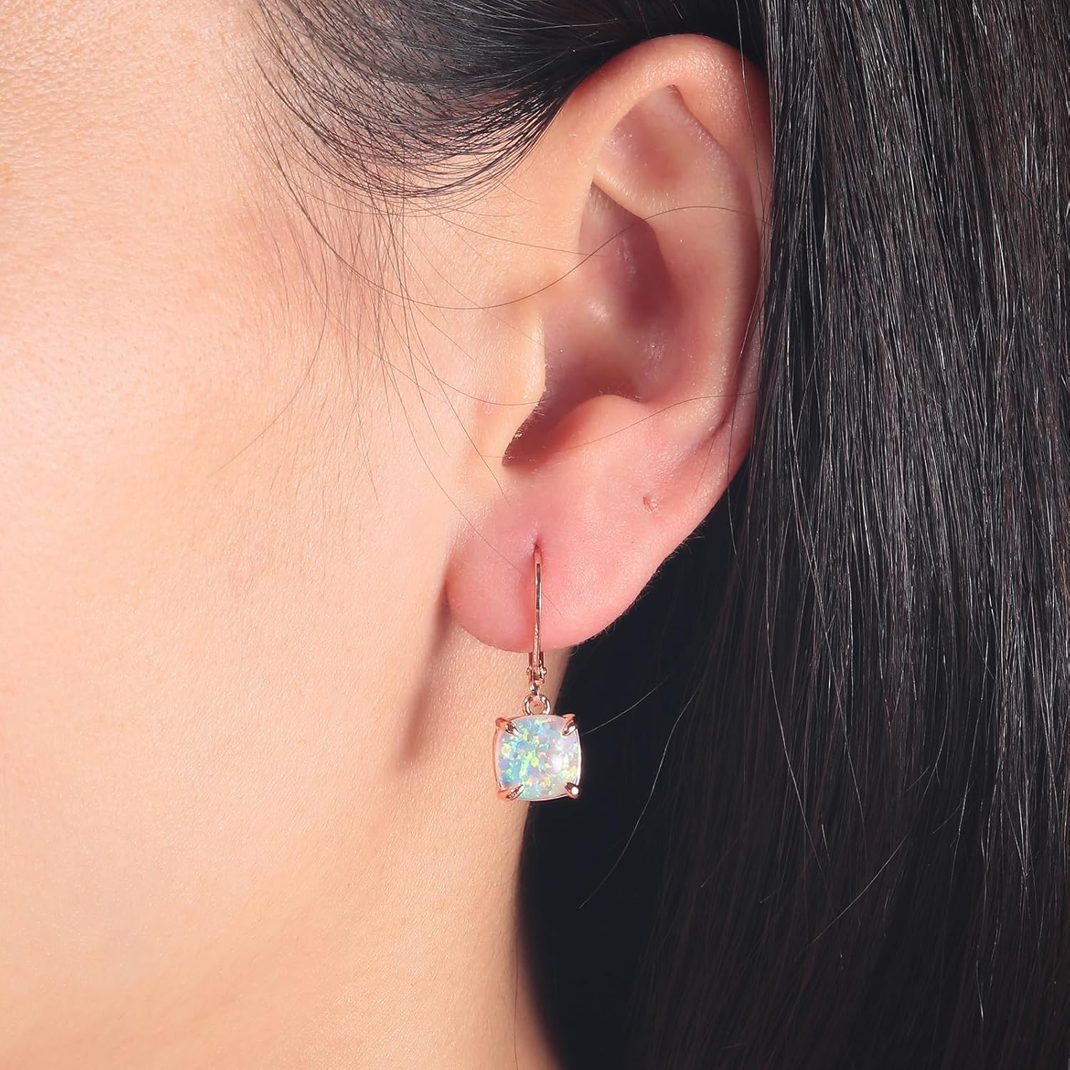 CiNily Square-Cut Opal Earrings Leverback Drop Earrings for Women Hypoallergenic, Pendant Earrings 14K White Gold/Gold Dangle Earrings Opal Hoops Birthday Wedding Mothers Day Jewelry Gifts - Image 2