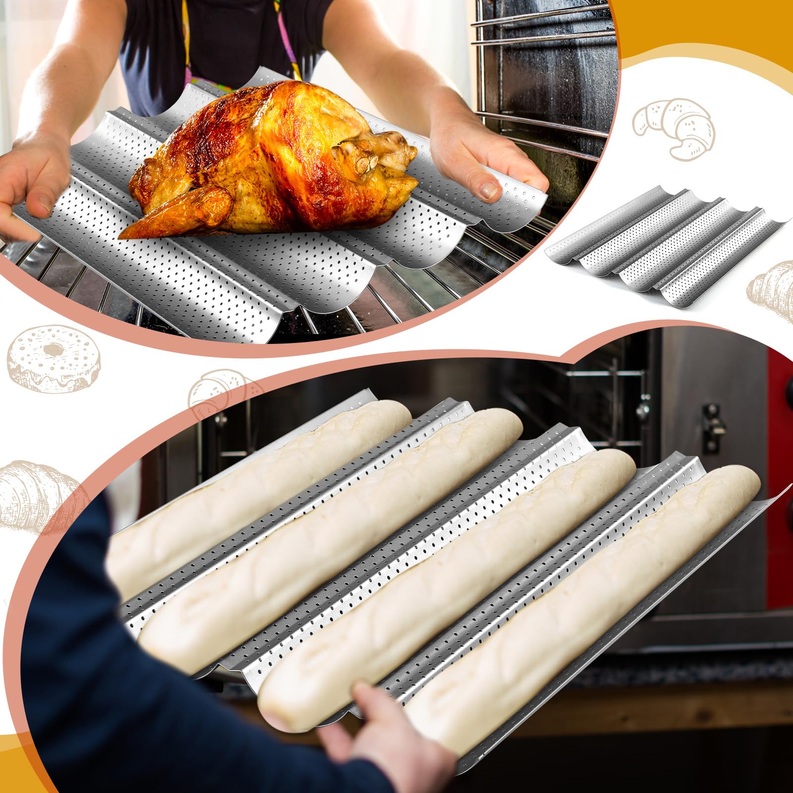Mifoci Baguette-Pfanne, antihaftbeschichtet, perforiert, 38,1 x 33 cm, Karbonstahl, 4 Wellen, Brot, Backblech für Sauerteig, französisches Brot, silberfarben, 6 Stück
