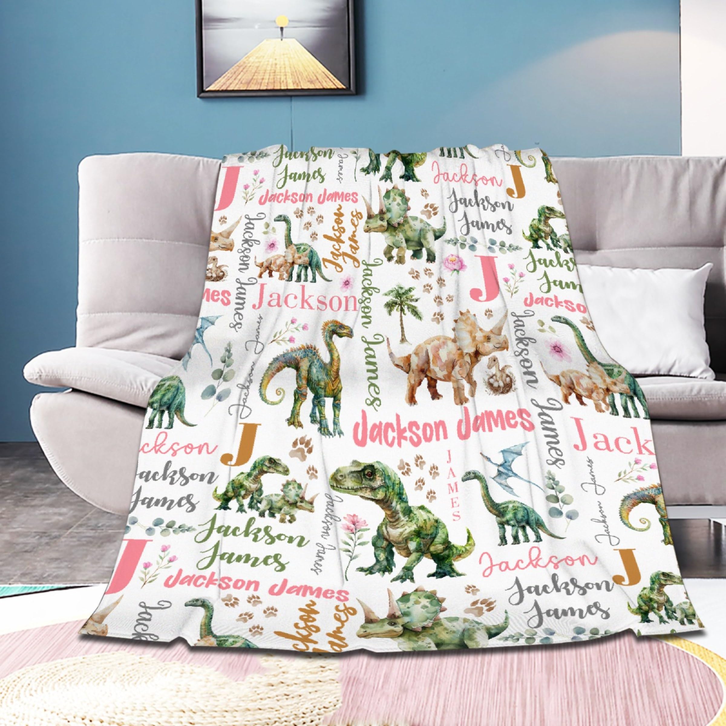 Personalized Dinosaurs Blanket Gift for Boy Girl,Custom Dinosaur Blanket