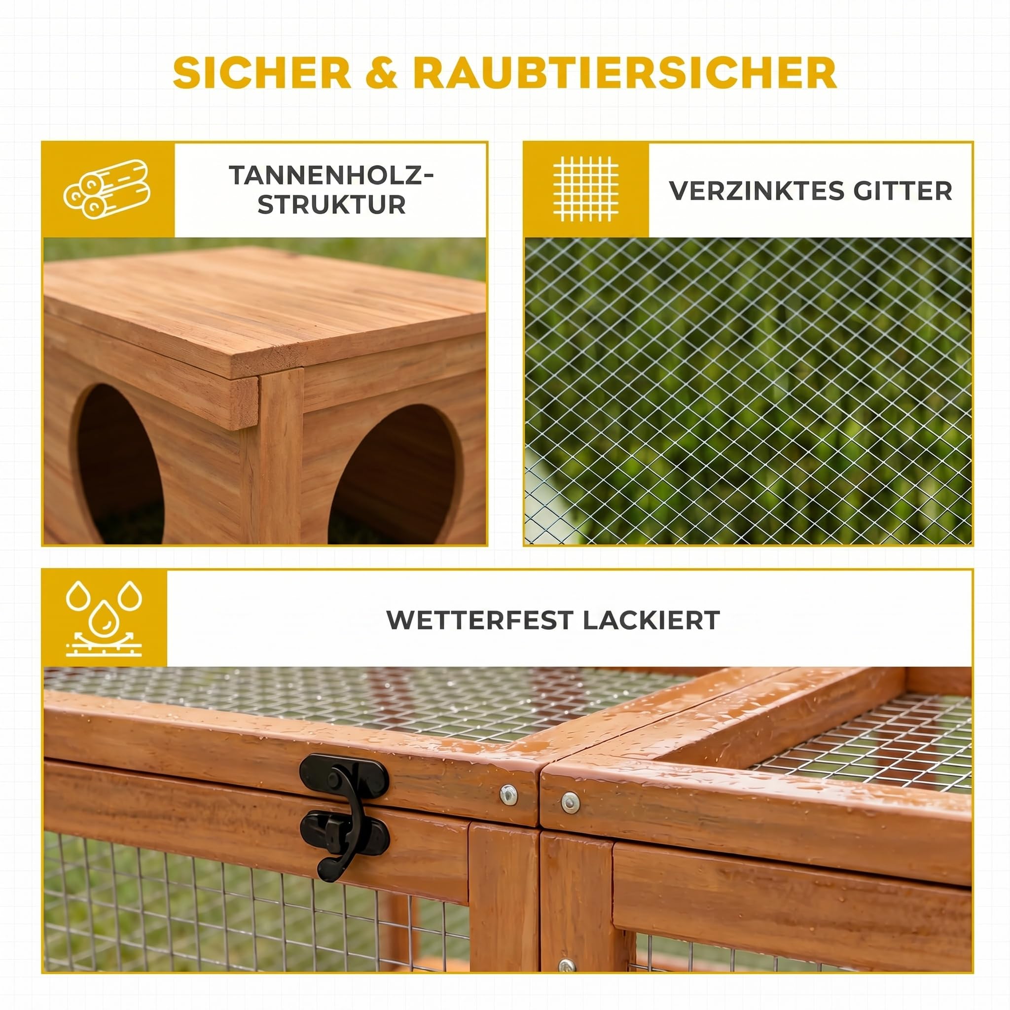 PawHut Freilaufgehege Kaninchenstall aus Holz mit 2 Türen 180,4 x 150 x 48 cm Hasenstall mit Unterschlupfhaus Freigehege für 2-4 Zwergkaninchen Zwergmeerschweinchen Enten Orange