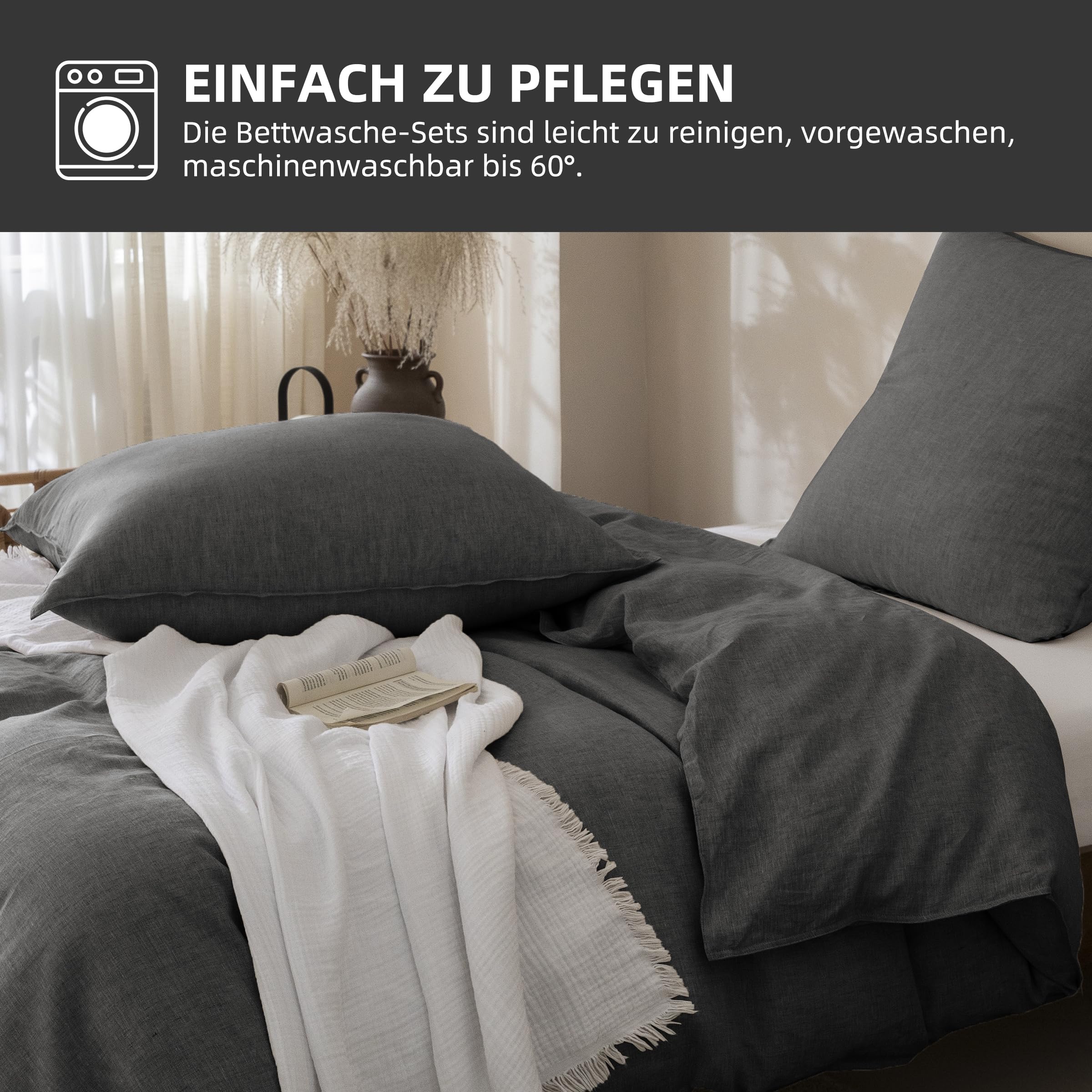 Talasily Leinen Bettwäsche 135x200 2teilig, 100% Naturflachs Stonewashed mit Reißverschluss, Atmungsaktiv Weich, Öko-Tex 100 Standard, Anthrazit Farbe inklusive Kissenbezug 80x80 cm