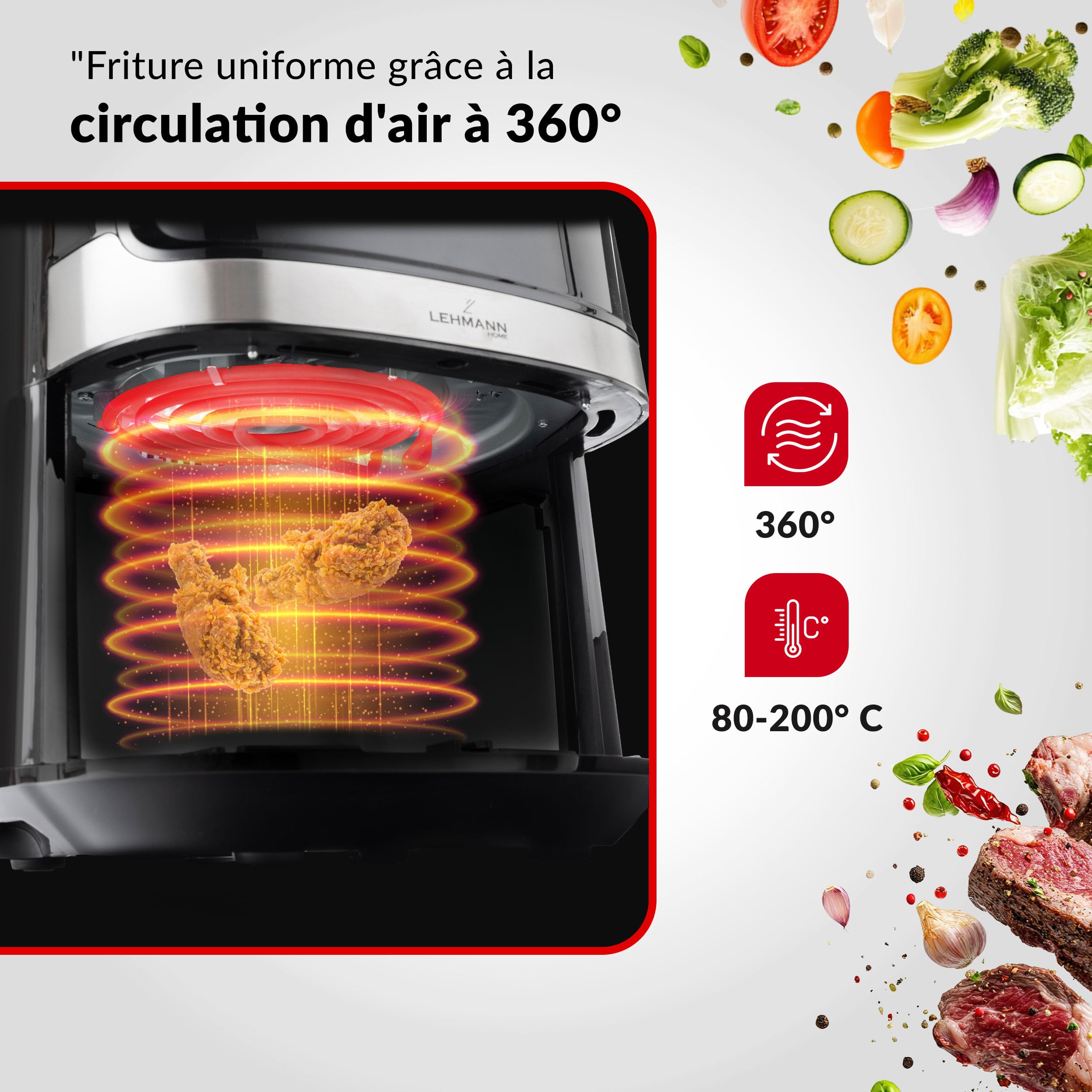 LEHMANN Air Fryer XL, 6,5L, Friteuse sans Huile avec 8 Programmes, Grande Métallique Tiroir, Écran Tactile, Minuterie, Revêtement Antiadhésif, 80-200 °C, Compatible Lave-vaisselle, Familial
