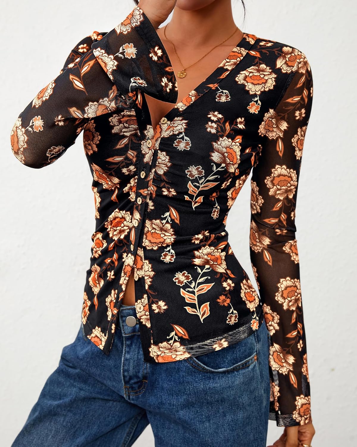 BTFBM Button Down Shirts for Women 2026 Spring Boho Tops V Neck Long Sleeve Blouses Ruched Mesh Fitted Fall Fashion - Image 5