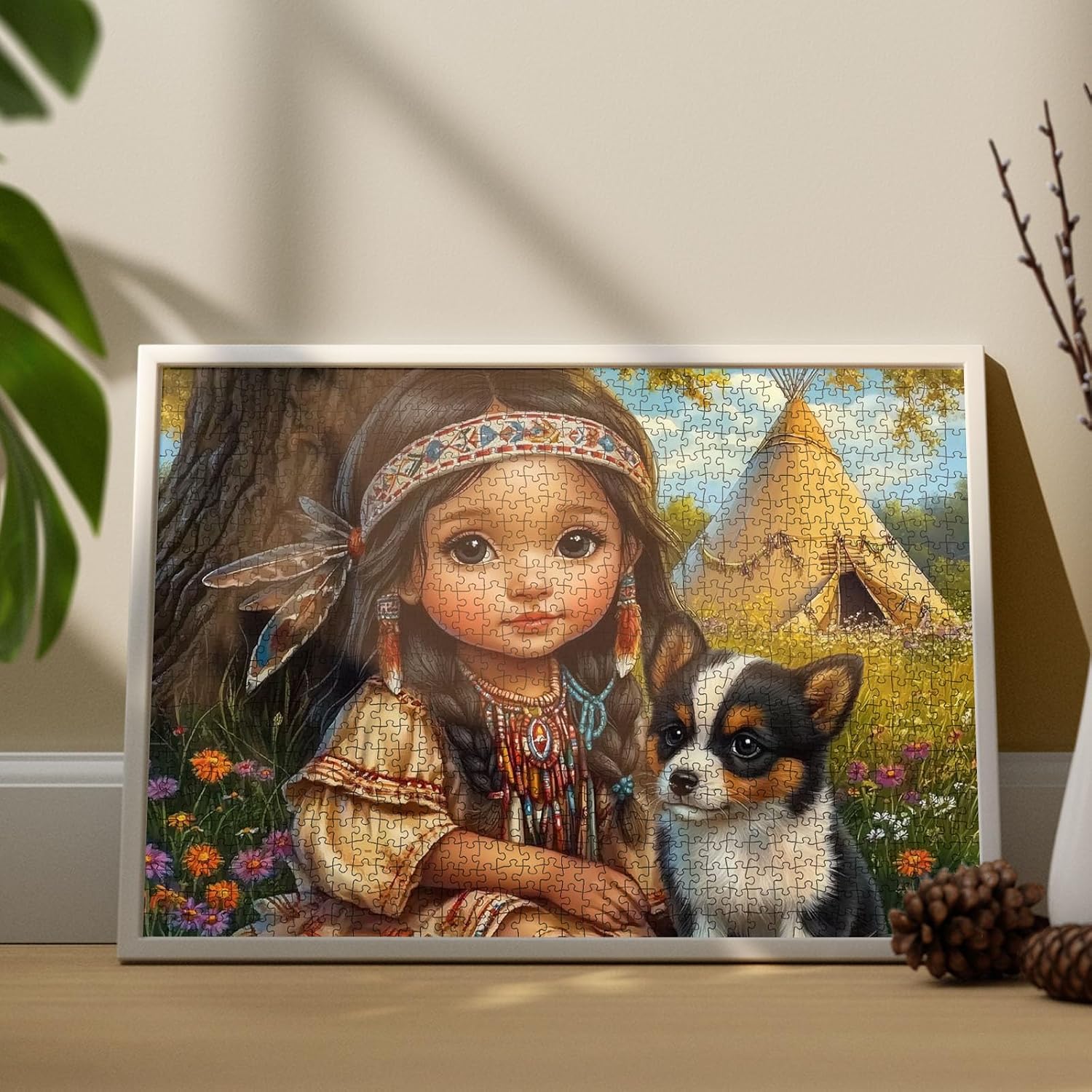 1000 Piece Jigsaw Puzzles for Adults Native American Painting Jigsaw Puzzle Indian Baby Girl Holding Puppy Puzzles Game Wall Decor DIY Craft Puzzle Heartwarming Cultural Art for Home Decor