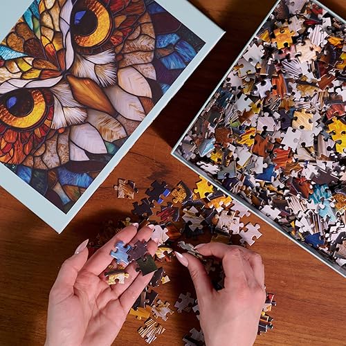 Miniatura 4 de Rompecabezas de búho de vidrieras para adultos, rompecabezas de 1000 piezas con póster adicional, diseño único y colores vibrantes