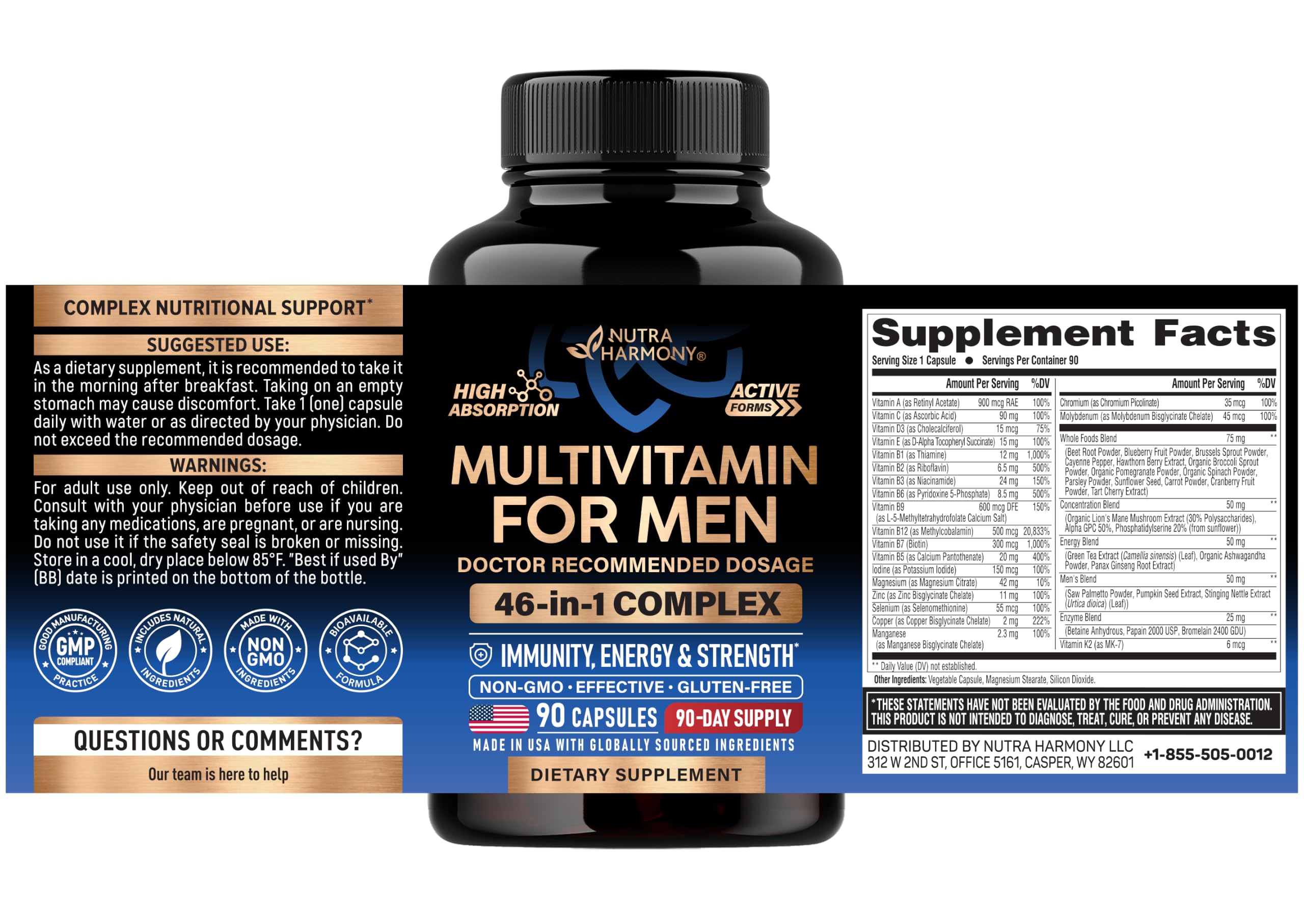 Multivitamin for Men - B-Complex & B12 | Whole Foods & Enzymes - 90 Caps — Amazon image 2