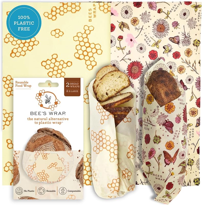 Bee's Wrap Envolturas de pan de cera de abejas, paquete de 2 - Meadow Magic & Honeycomb | Envolturas de cera de abejas orgánicas - Sin plástico - Almacenamiento de pan reutilizable - Masa madre, panes artesanales y pan casero - Hecho en EE. UU.