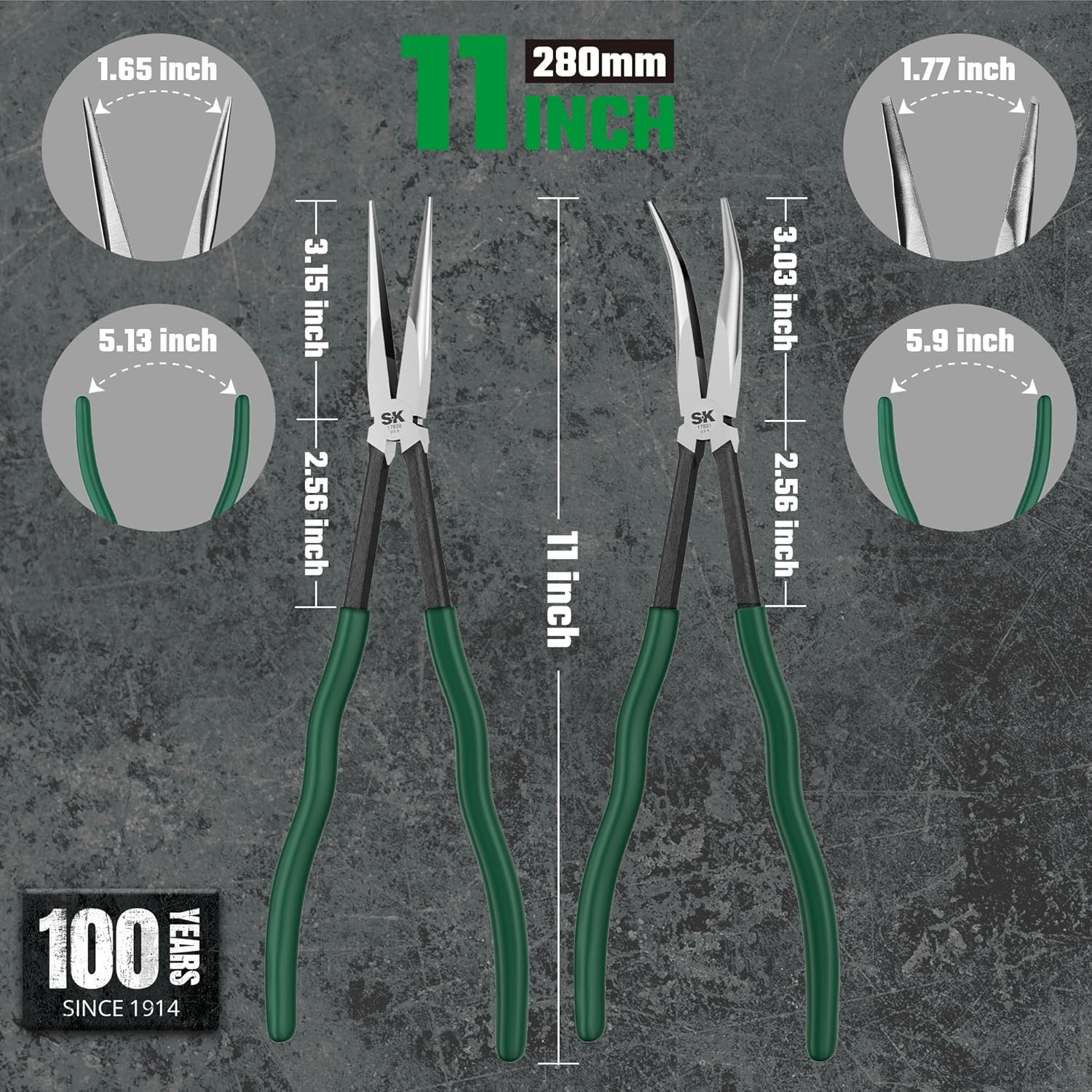SK Tools USA Extra Long Nose Pliers, 2-Piece, 11-Inch Straight and 45° Angle Needle Nose Pliers, High Carbon Steel, Comfortable Handles for Anti-slip Grip