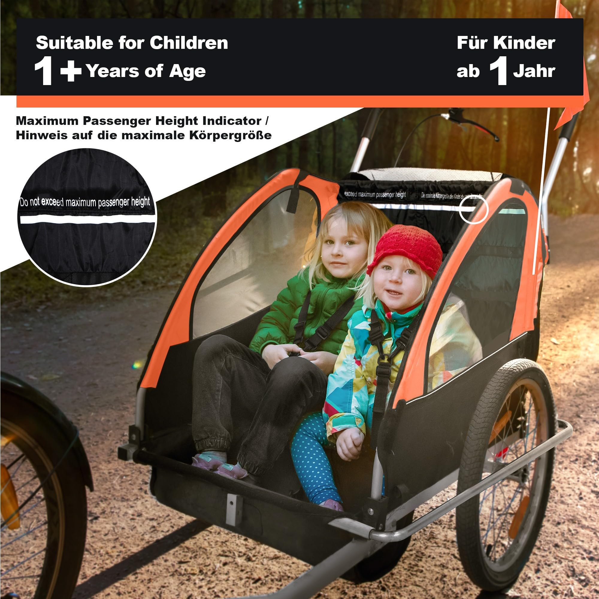 Jago® Remolque para Niños - 12+ Meses, 2 Plazas, Cinturón de Seguridad 5 Puntos, Plegable, Negro y Naranja - Cochecito de Paseo, Carrito, Bicicleta Infantil, Bici, Jogger, para Perros