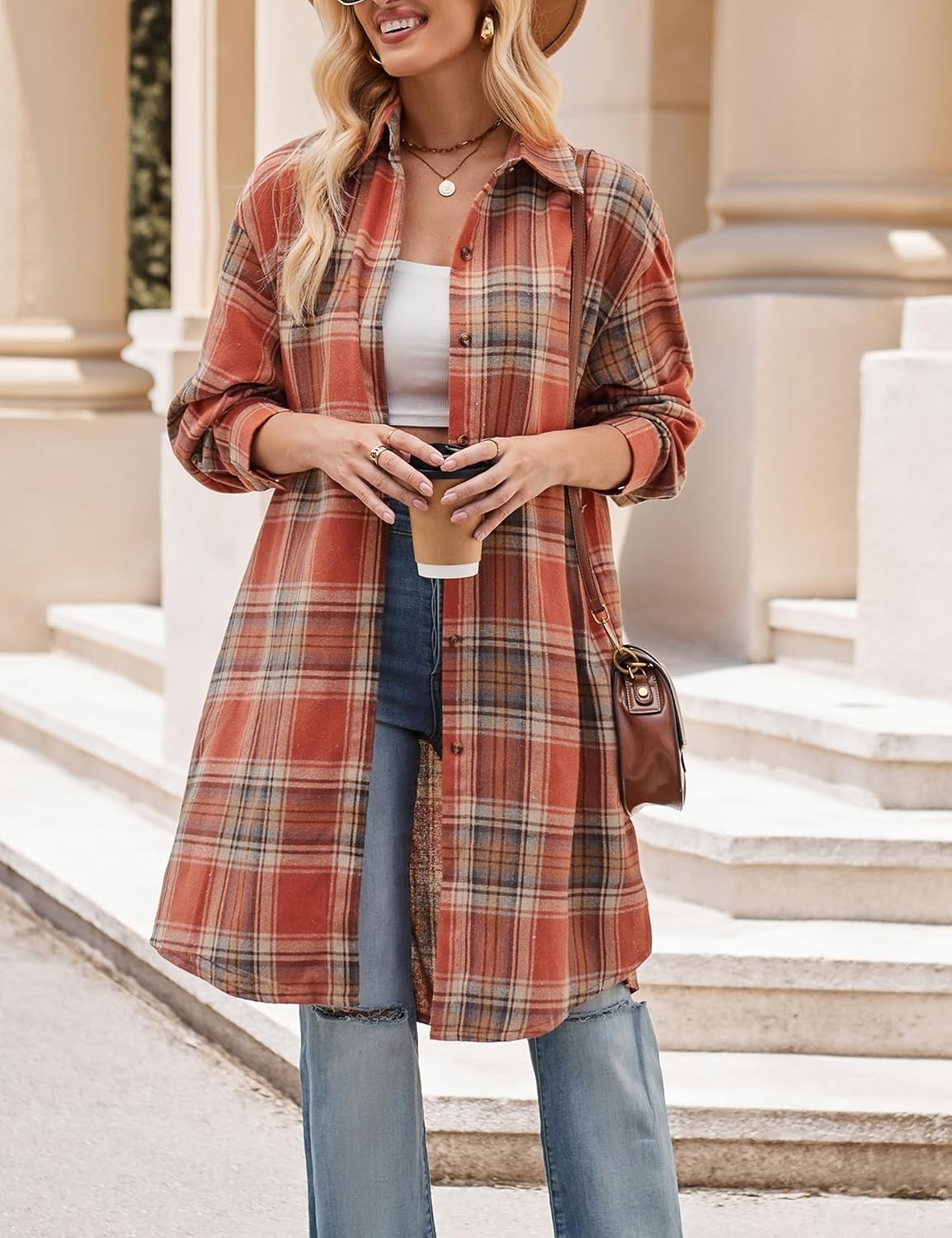 Womens Casual Long Flannel Plaid Shirts Fall Fashion Long Sleeve Boyfriend Coats Jackets with Pockets - Image 4