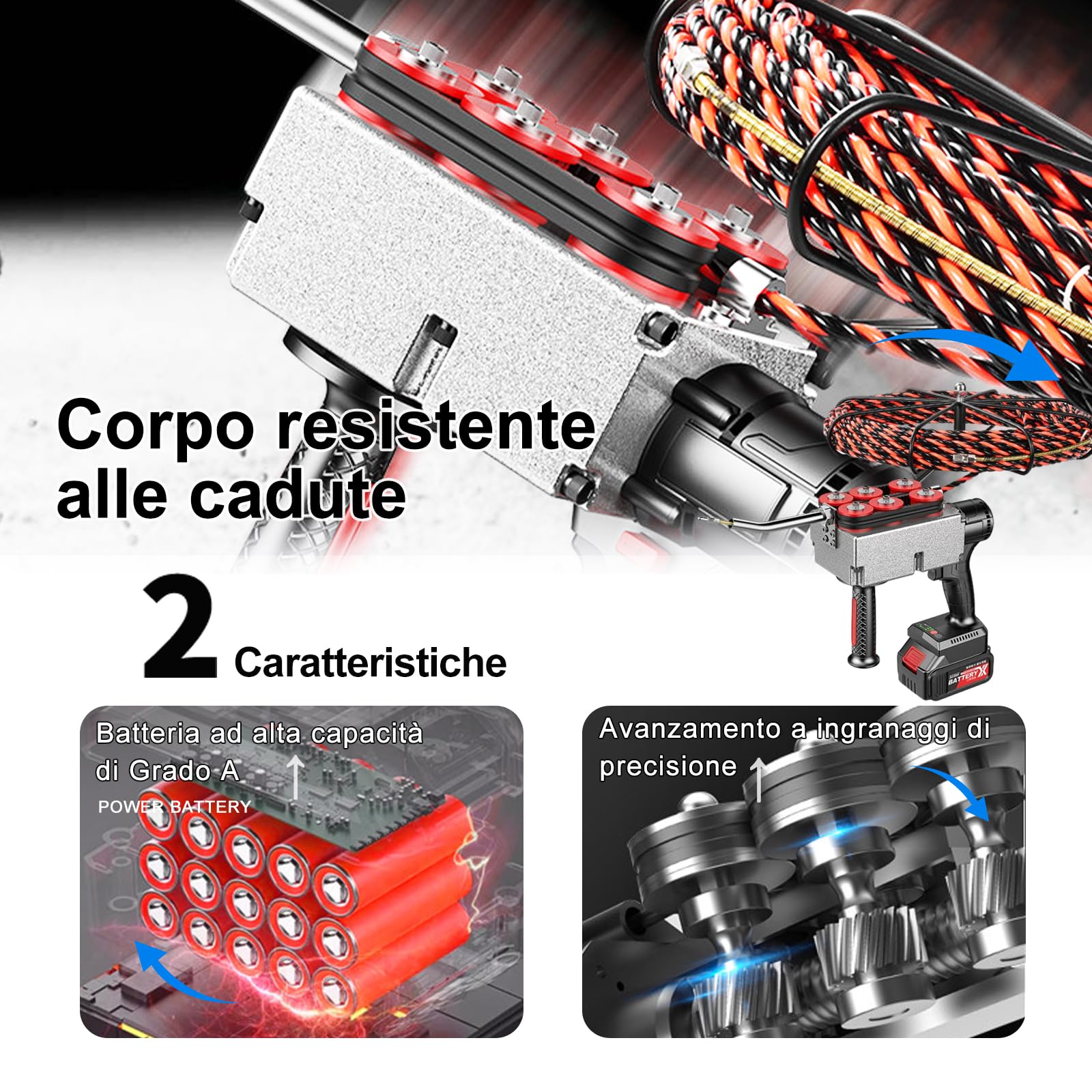 40m/Min – Macchina per Cablaggio Tubazioni – Sonda Passacavi Elettrica Professionale, per Cavi in Tubi Edilizia/Reti – Infilatubi Elettrico con Batteria Ricaricabile 1.5-2h – 30m