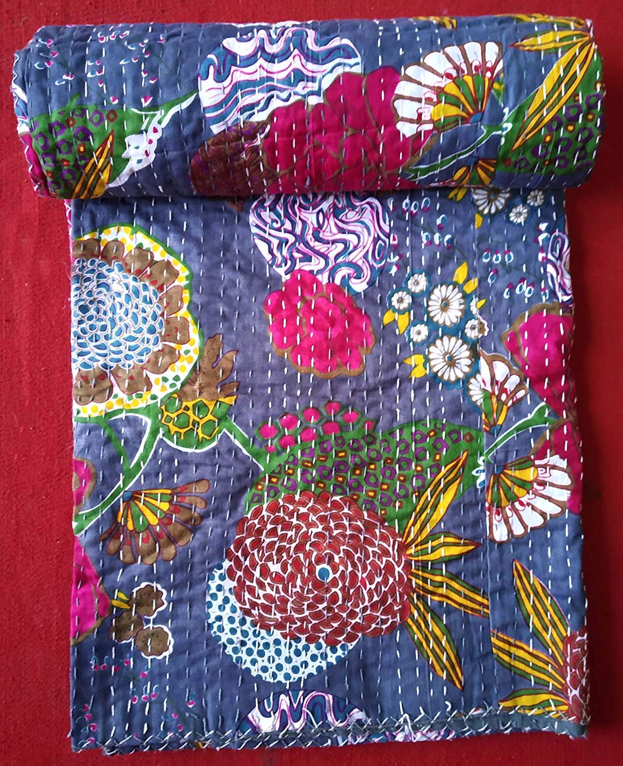 Textile Work Creations Fruit Print Handmade Indian Cotton Kantha Quilt Hand Stitched Reversible Cotton Bedding Bedspread Blanket Reversible Throw Kantha Twin Size-image-42