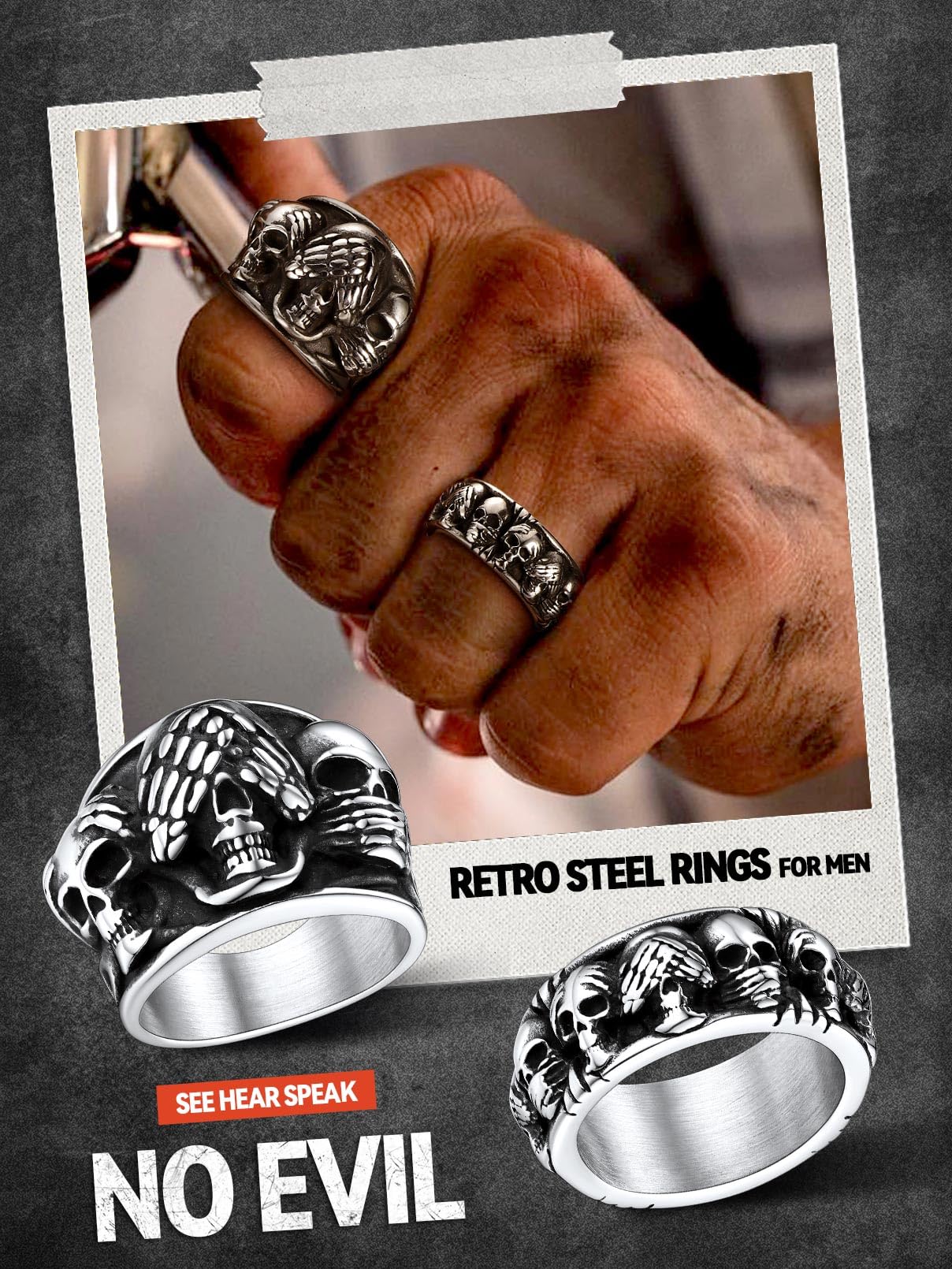 FaithHeart Herren Ringe，Punk Gotik Totenkopf Fingerring,Skull Skelett Ring, Edelstahl Vintage Biker Fingerring, 8 Ringgröße wählbar,Totenkopf Schmuck für Halloween Geburtstag
