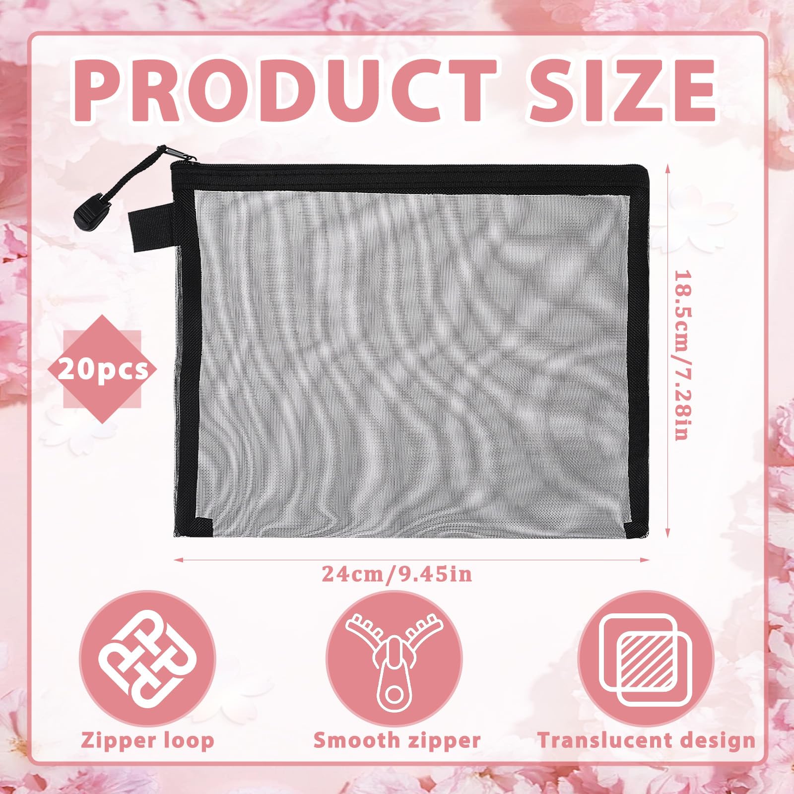 EupHHonycs 20 Pieces Zipper Nylon Mesh Pouch Black Mesh Zipper Pouch Makeup Bags Plastic Zipper Pouches for Organizing Cases for Cosmetic Office Supplies and Travel Accessories, Black, 9.5 x 7.1In