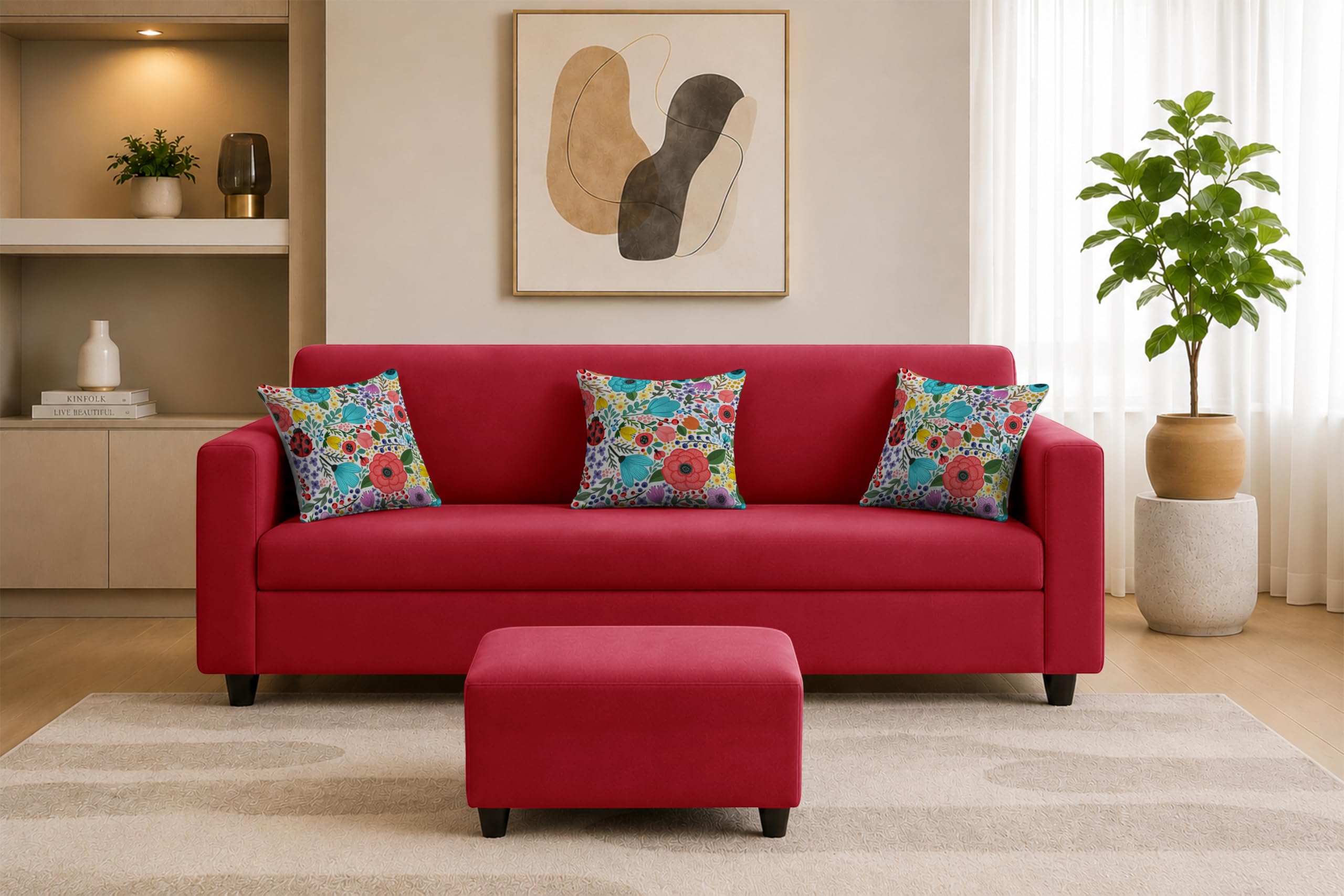 Rosebell 3 Seater Sofa with Ottoman | Living Room Couch | with Printed Cushions | Sofa for Home, Apartment & Office-Red Color