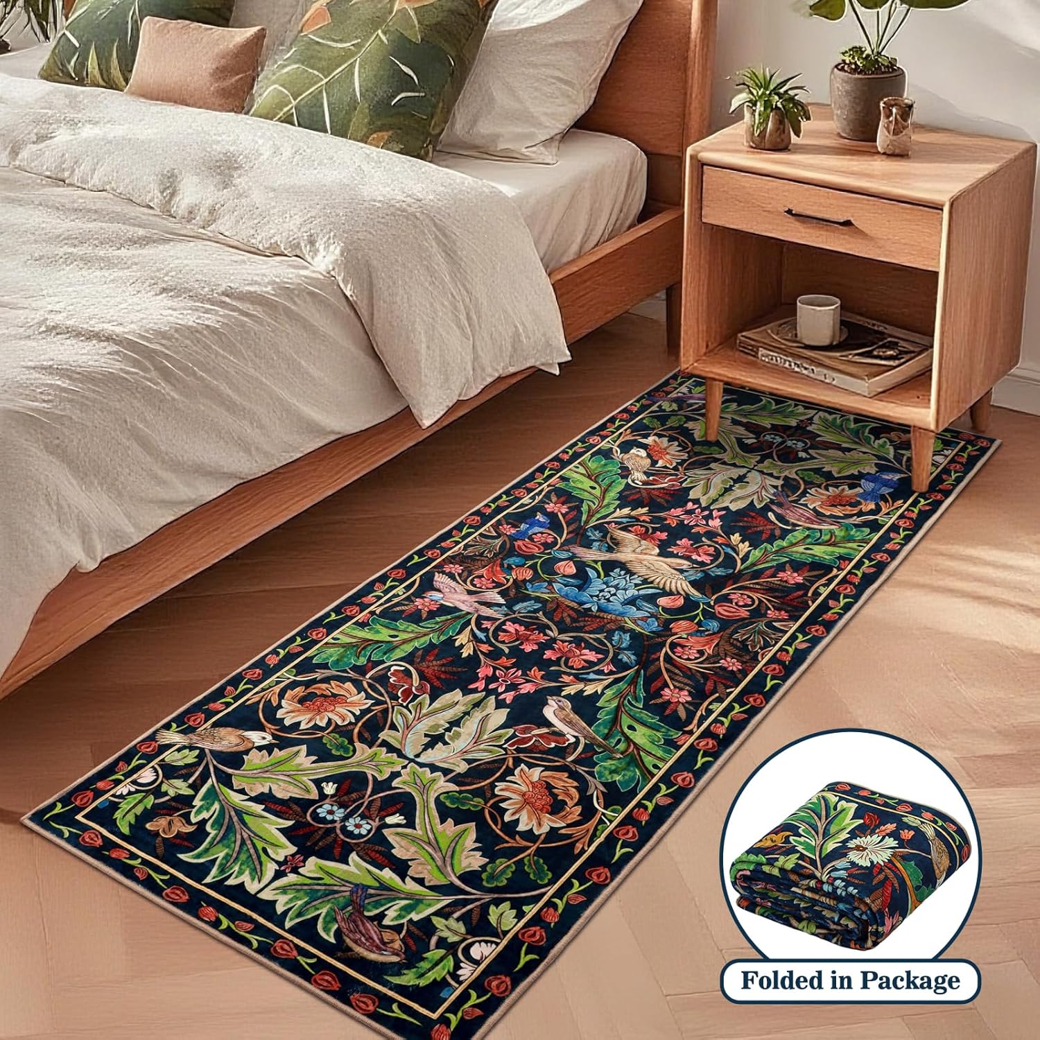 nesrt Jungle Runner Rug for Hallway 2x6, Botanical Washable Soft Boho Floral Kitchen Laundry Rug Non-Slip, Forest Animal Birds Low Pile Throw Carpet Runner for Entryway Bedroom Bathroom (Dark Green)