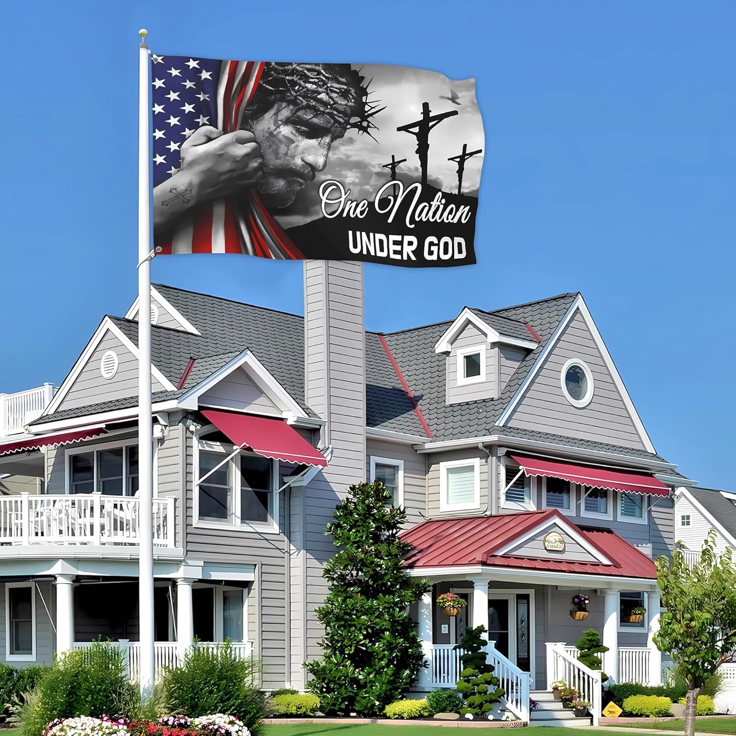 One Nation Under God Flag 3x5 Ft Double Sided American Flag With Jesus Christ On It Heavy Duty 3 Ply Polyester with 2 Brass Grommets for Outside House Yard Outdoor Faith Patriotic Flags Banner Decor