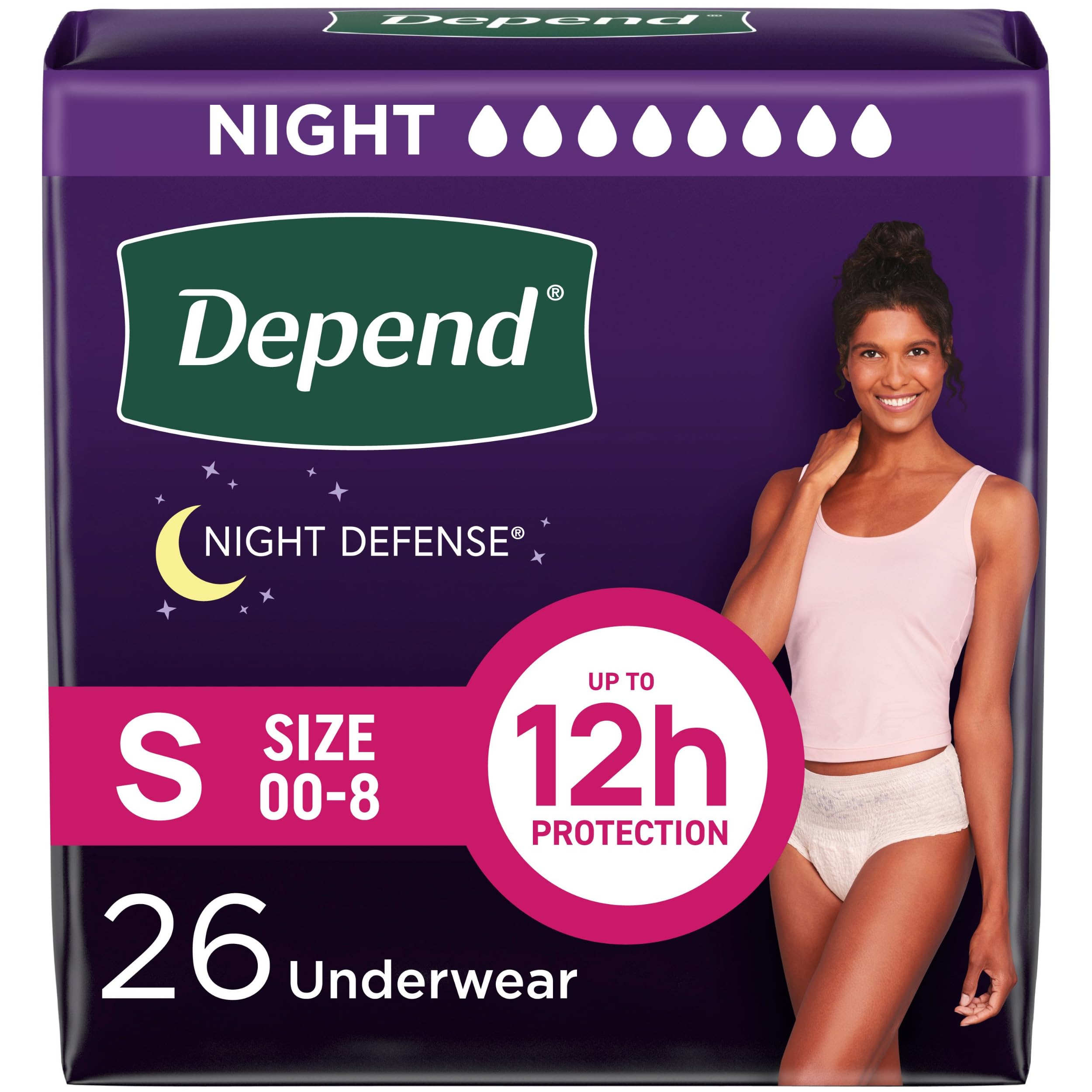Depend Night Defense Adult Incontinence & Postpartum Bladder Leak Underwear for Women, Disposable, Overnight, Small, Blush, 26 Count, Packaging May Vary Small 26