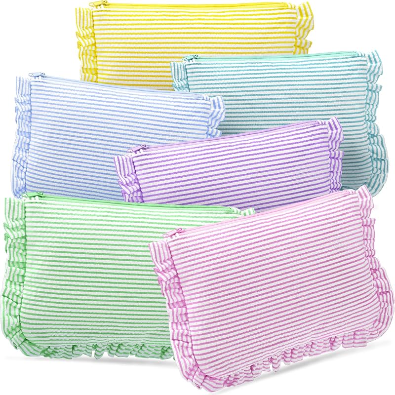 Sanwuta Necessaire de Maquiagem em Seersucker Listrada com Zíper e Babado, Cores Variadas-A, Pacote com 6