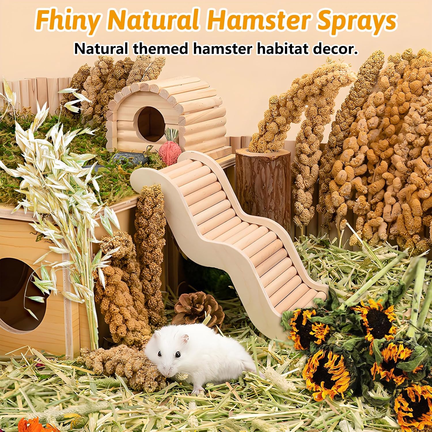 Fhiny Natural Hamster Bedding Mate, Edible Hamster Sprays Flowers & Herbs Gerbil Habitat Enclosure Decor Grain Treats Cage Accessories for Dwarf Syrian Hamster Lemming Degus Gerbil Mice