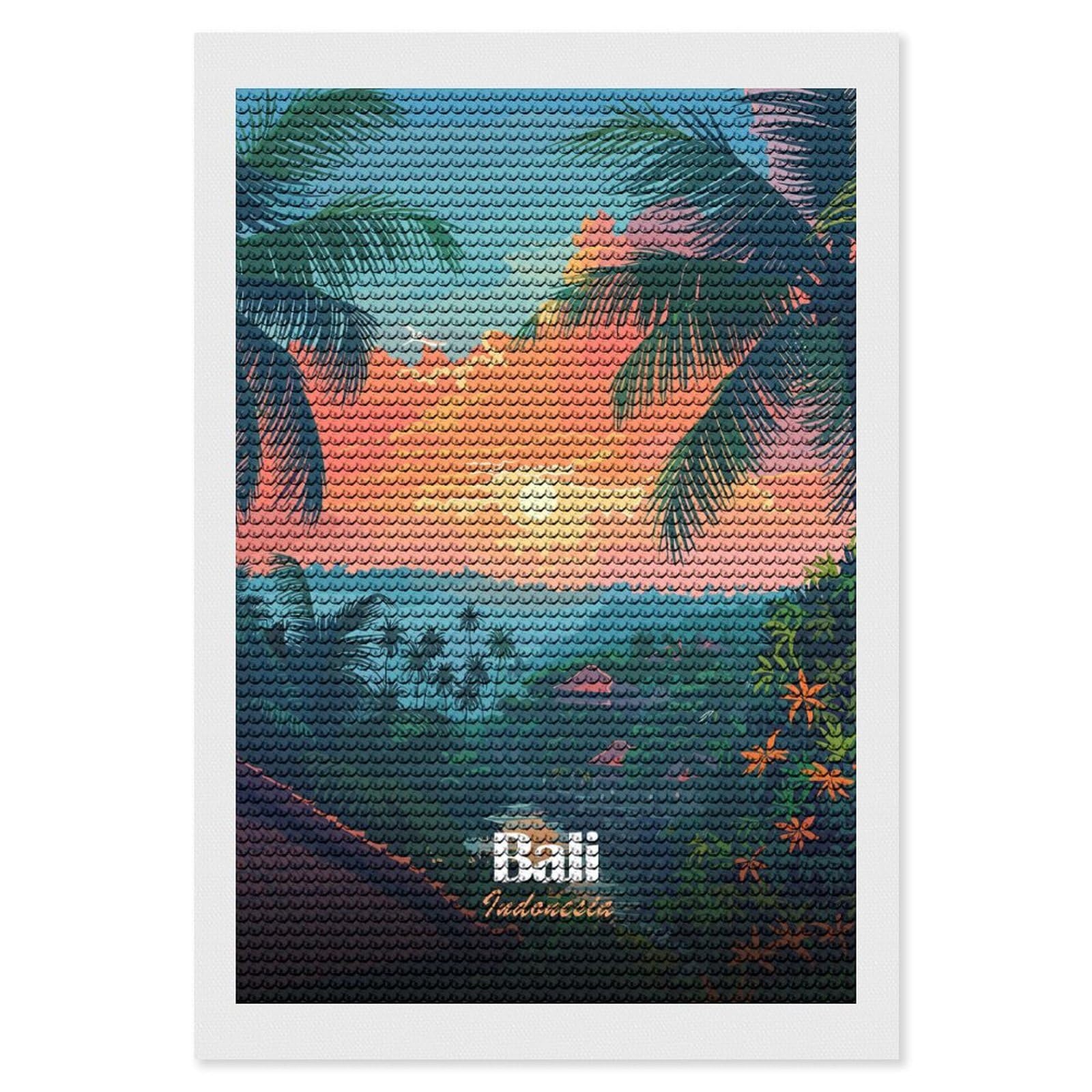 Junmoney Bali Indonesia Tropical Landscape Illustration DIY Diamond Art Canvas Kit 8"x12", Complete Accessories, Creative Leisure Activity, Home Wall Decor, Gift Idea