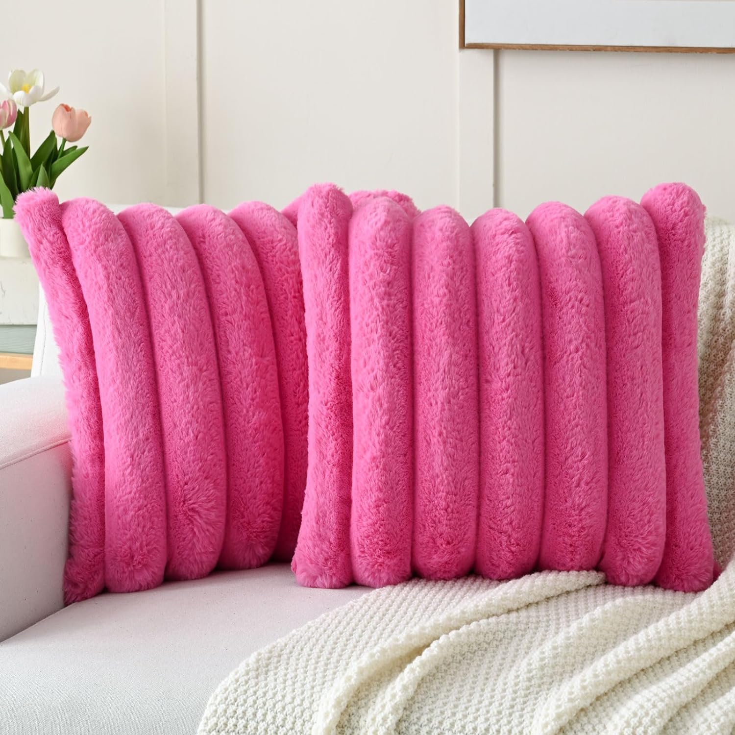 FUTEI Hot Pink Decorative Throw Pillow Covers 24x24 Inch Set of 2, Square Soft Faux Rabbit Fur Big Striped Pillow Sham,Home Decor for Couch Sofa Bed Living Room Hot Pink 24" x 24" (Pack of 2)