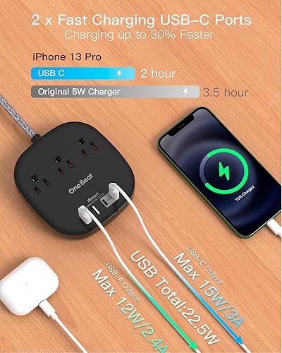 Miniatura 2 de BK - Tira de alimentación de enchufe plano, cable de extensión plano de 5 pies, 3 tomas, 4 puertos USB (2 USB C) estación de carga de escritorio de