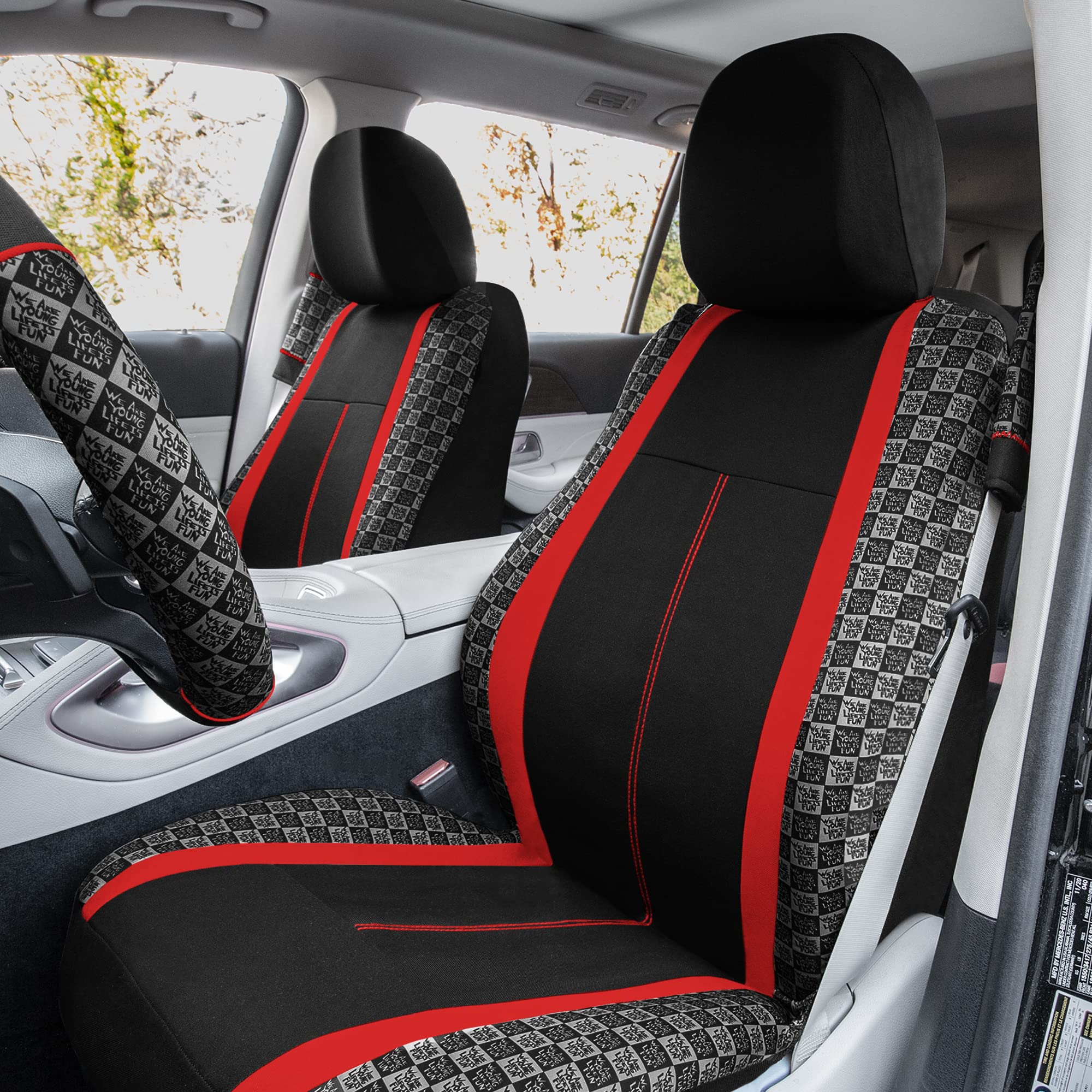 We Are Young Life is Funâ„¢ Checker Car Seat Covers Universal Fit Interior Accessories Full Set Red Seat Cover Combo Steering Wheel Cover and Seat Belt Pads, Airbag and Split Rear Car Seat Covers