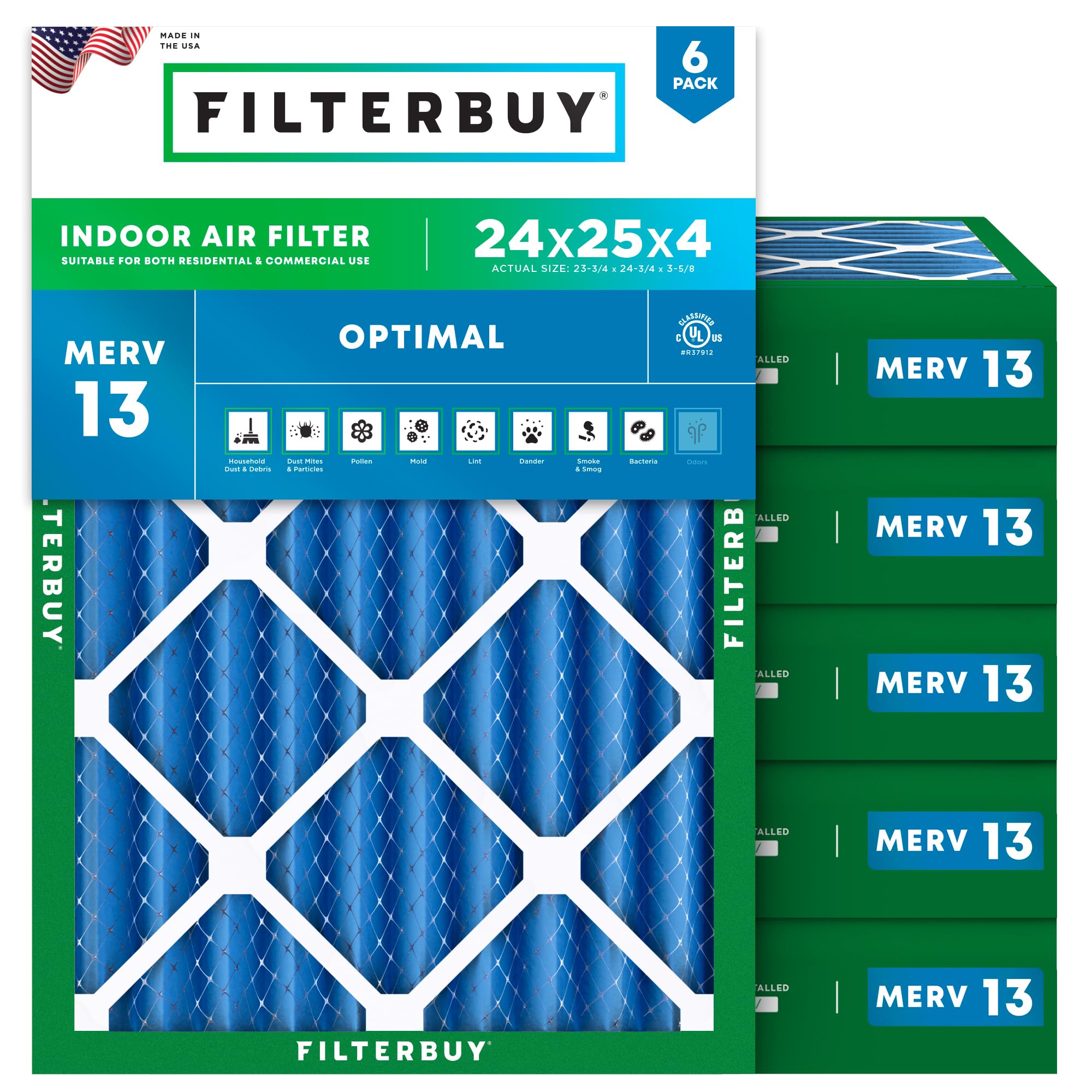 Filterbuy 24x25x4 Air Filter MERV 13 Smoke &amp; Allergy Defense (6-Pack)