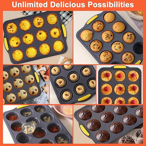 Miniatura 5 de Molde de silicona para magdalenas para hornear con marco reforzado de metal, bandeja plegable para magdalenas 12 tazas para hornear magdalenas
