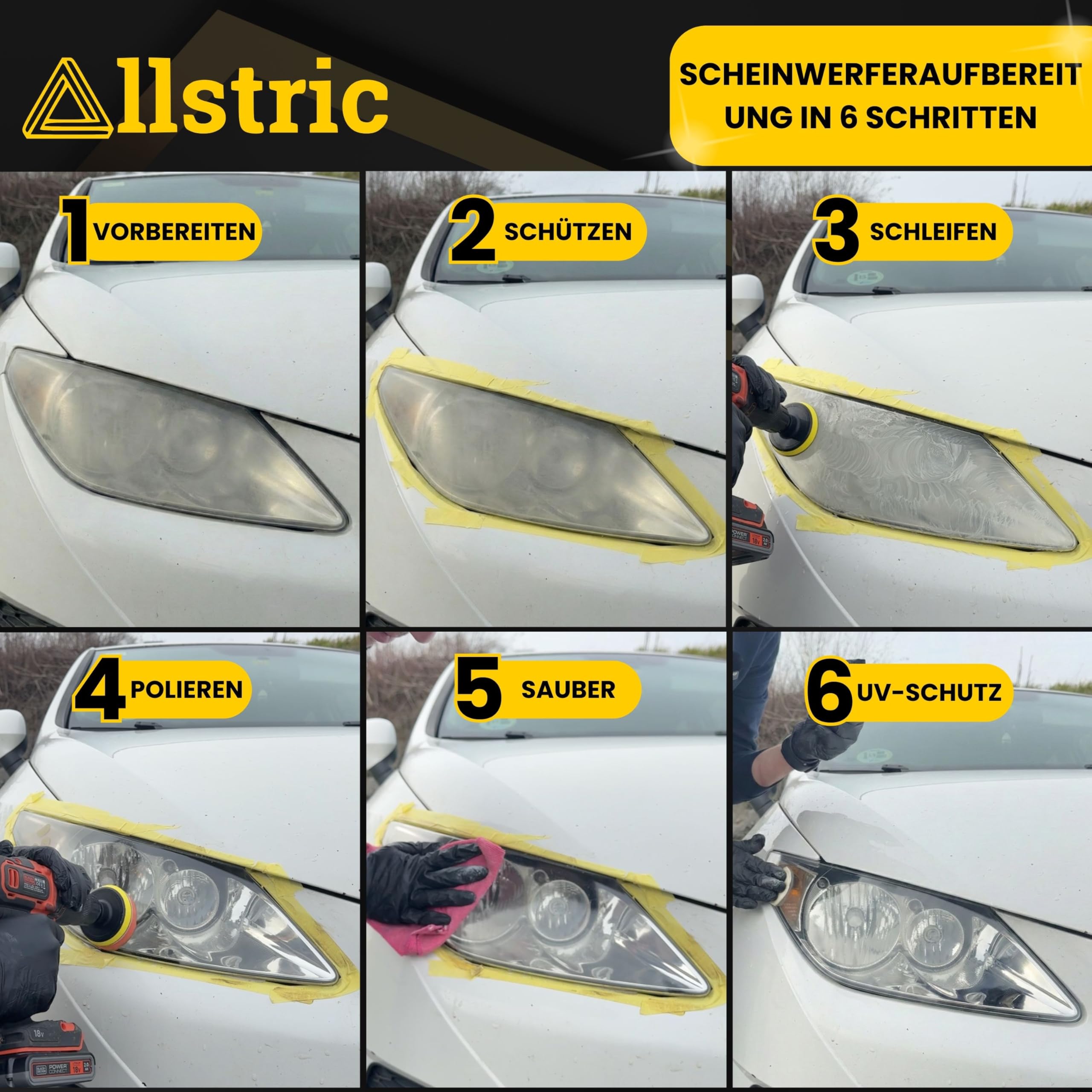 Scheinwerfer Aufbereitung Set Profi mit Polierpaste & UV-Versiegelung | Scheinwerfer Politur für klare Sicht – Geeignet für Poliermaschine & Handanwendung – Komplettes Autopolitur Set