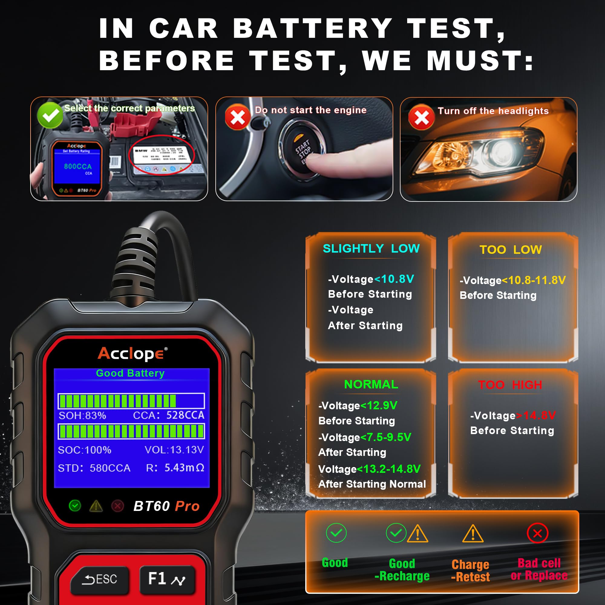 BT60 Pro Tester Digitale per Batterie Auto, CCA 100-3000, Analizzatore 6V 12V 24V, Sistema di Diagnostica Alternatore per Auto, Moto, Camion, Compatibile con AGM, Litio, Gel