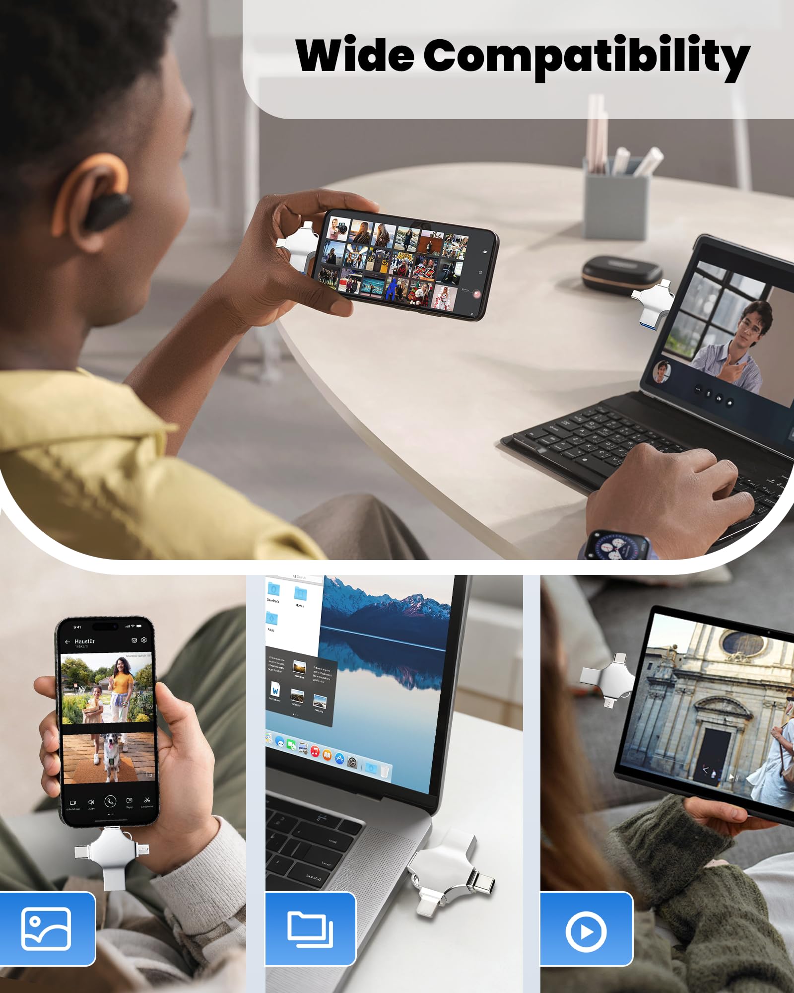 Clé USB 128 Go, 4-en-1 (iOS/USB-C/Micro-USB/USB-A), sans Application, Lecteur Flash pour iPhone, iPad, Android, PC et Mac, Extension de Stockage Externe pour Photos et Vidéos - 5