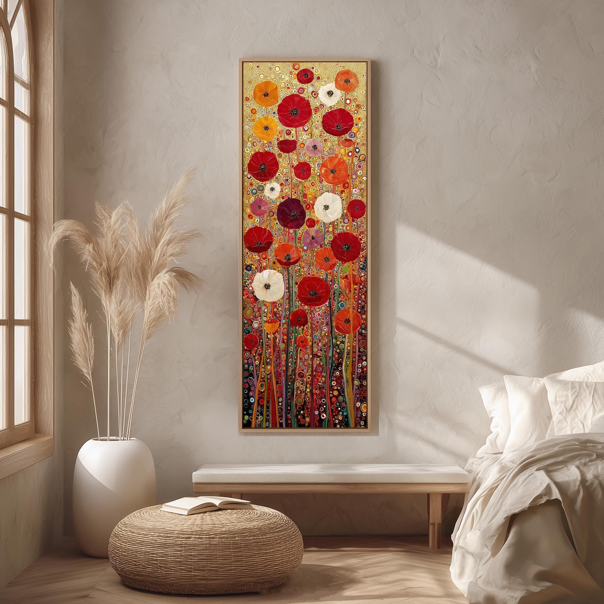 Xbtykpb Frameless Tall Vertical Flower Art, Long Narrow Decor Floral Canvas, Skinny Gold Background Print, Vintage Painting, Wildflower(30X90cm/Frameless)